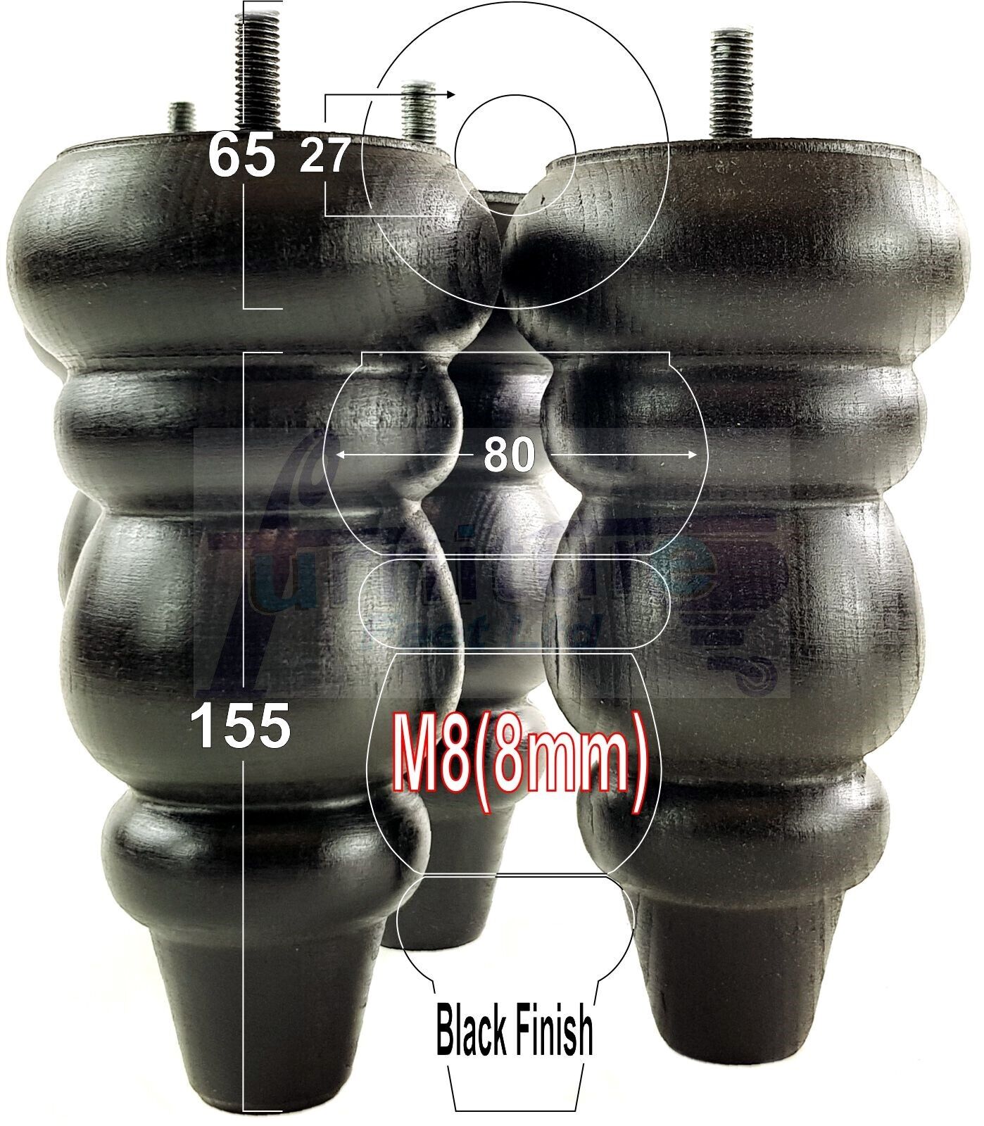 4 Solid Turned Wood Furniture Sofa Leg M8 Chair Settee Footstool Feet 155mm High