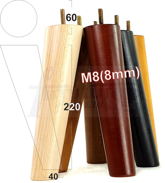 4 Solid Wood Turned Furniture Feet Replacement Mid Centry Angled Retro Legs 220mm High M8 Sofa Chairs Stools Cabinets Beds