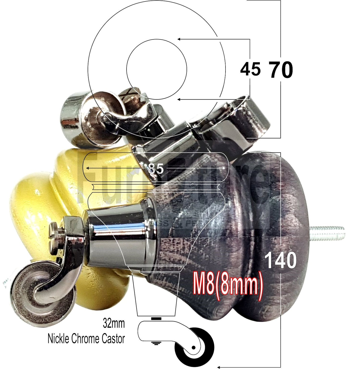 Set Of 4 Turned Furniture Wood Feet With Black Castors 140mm Sofas Chairs Settee Cabinets Beds M8(8mm)