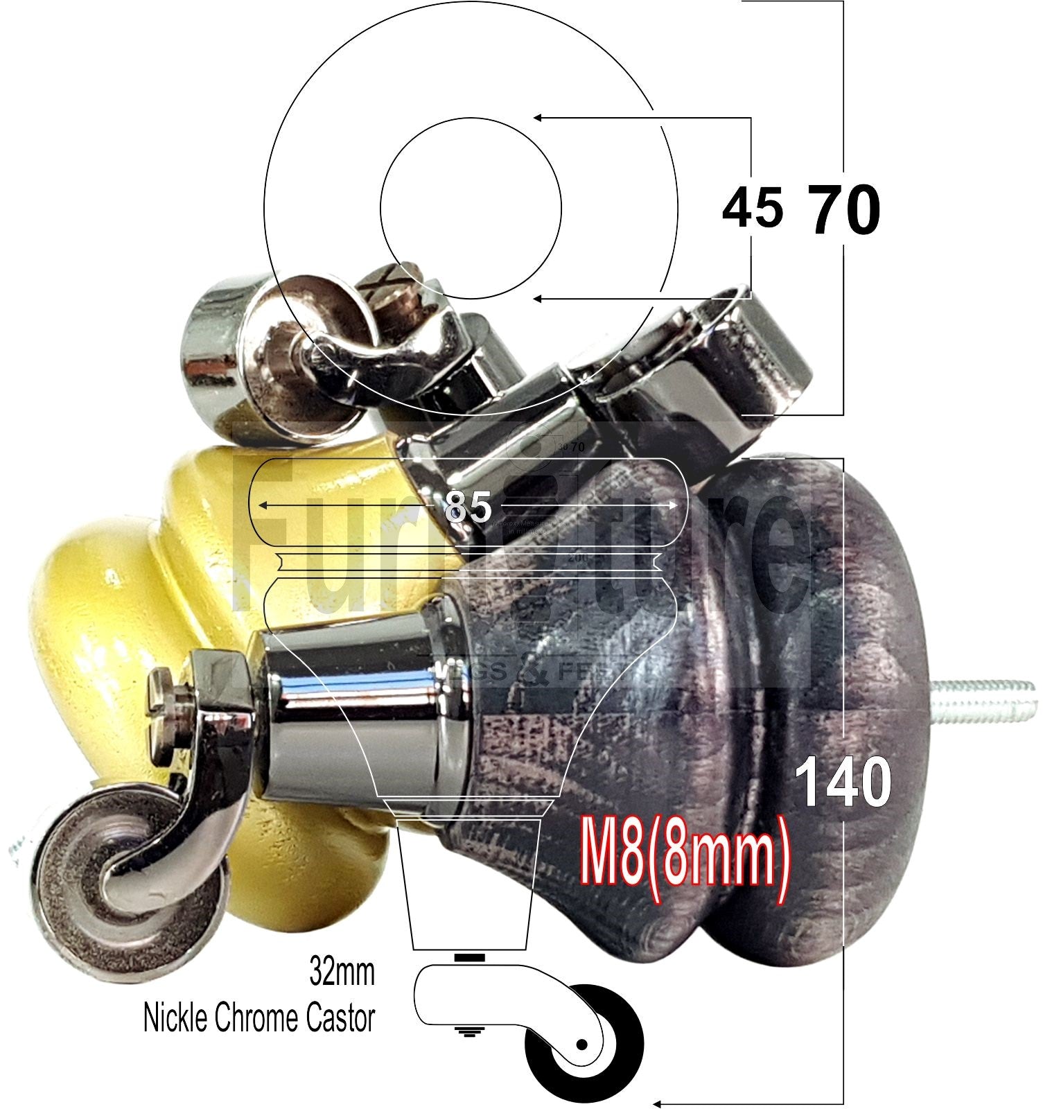 Set Of 4 Turned Furniture Wood Feet With Black Castors 140mm Sofas Chairs Settee Cabinets Beds M8(8mm)