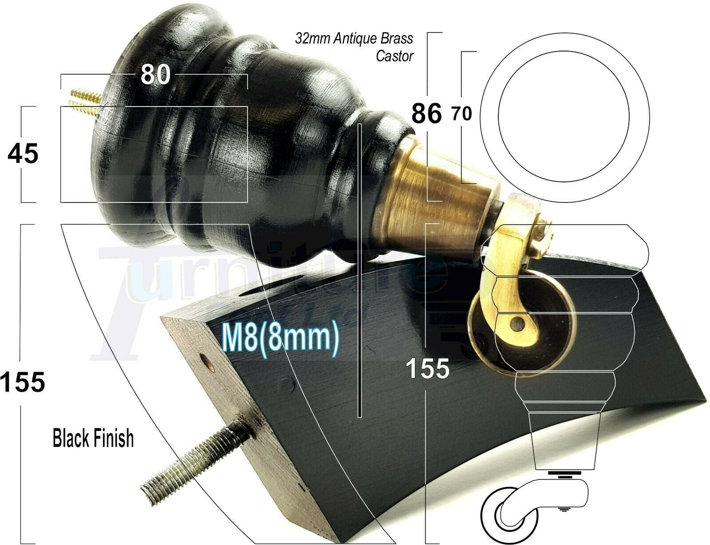 Black Turned Wood Furniture Feet 2 With Castors 155mm and 2 Curved Back Legs Sofas Chairs Stools Cabinets Beds M8 6 Inches