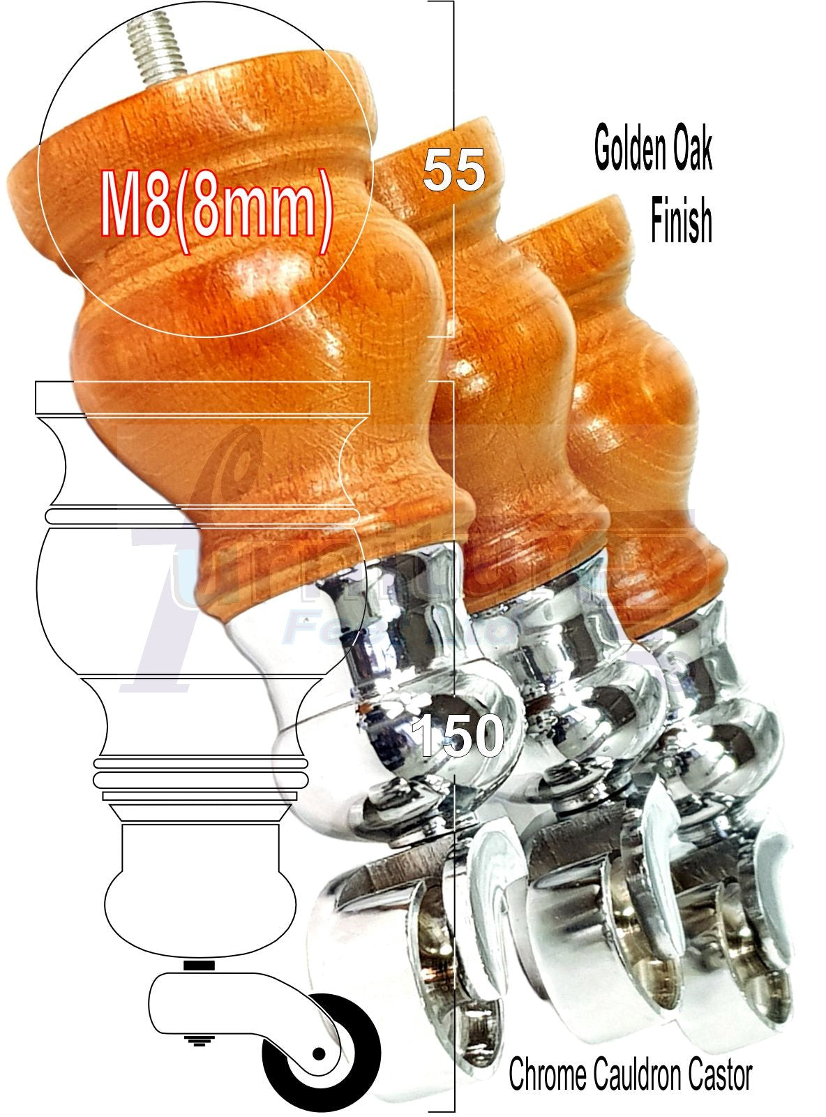 Set Of 4 Turned Wood Furniture Legs With 150mm High Castor 8mm Thread For Chairs Settees & Cabinets Golden Oak Finish