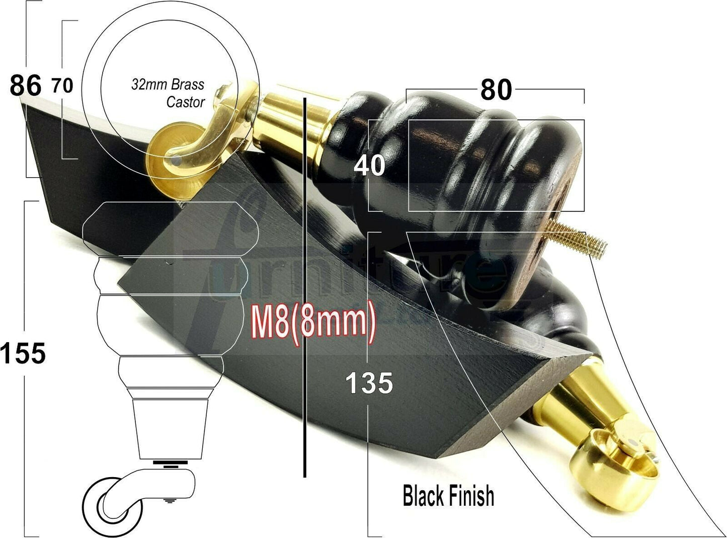 Black Turned Wood Furniture Feet 2 With Castors 155mm and 2 Curved Back Legs Sofas Chairs Stools Cabinets Beds M8 6 Inches