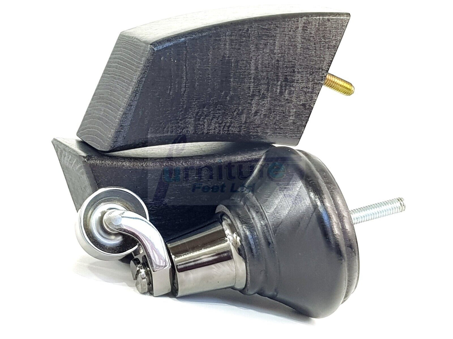 2 Black Wood Furniture Sofa Feet With Castor 125mm & 2 Curved Legs Chair Settee 100mm High M8