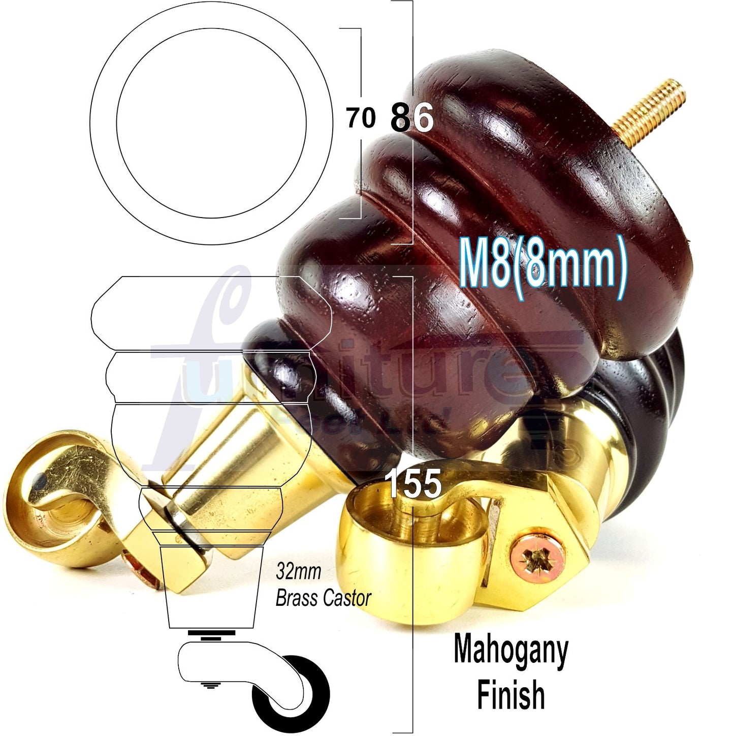 4 Turned Wood Furniture Feet With Brass Castors 155mm Legs Sofas Chairs Stools Cabinets Beds M8 6 Inches
