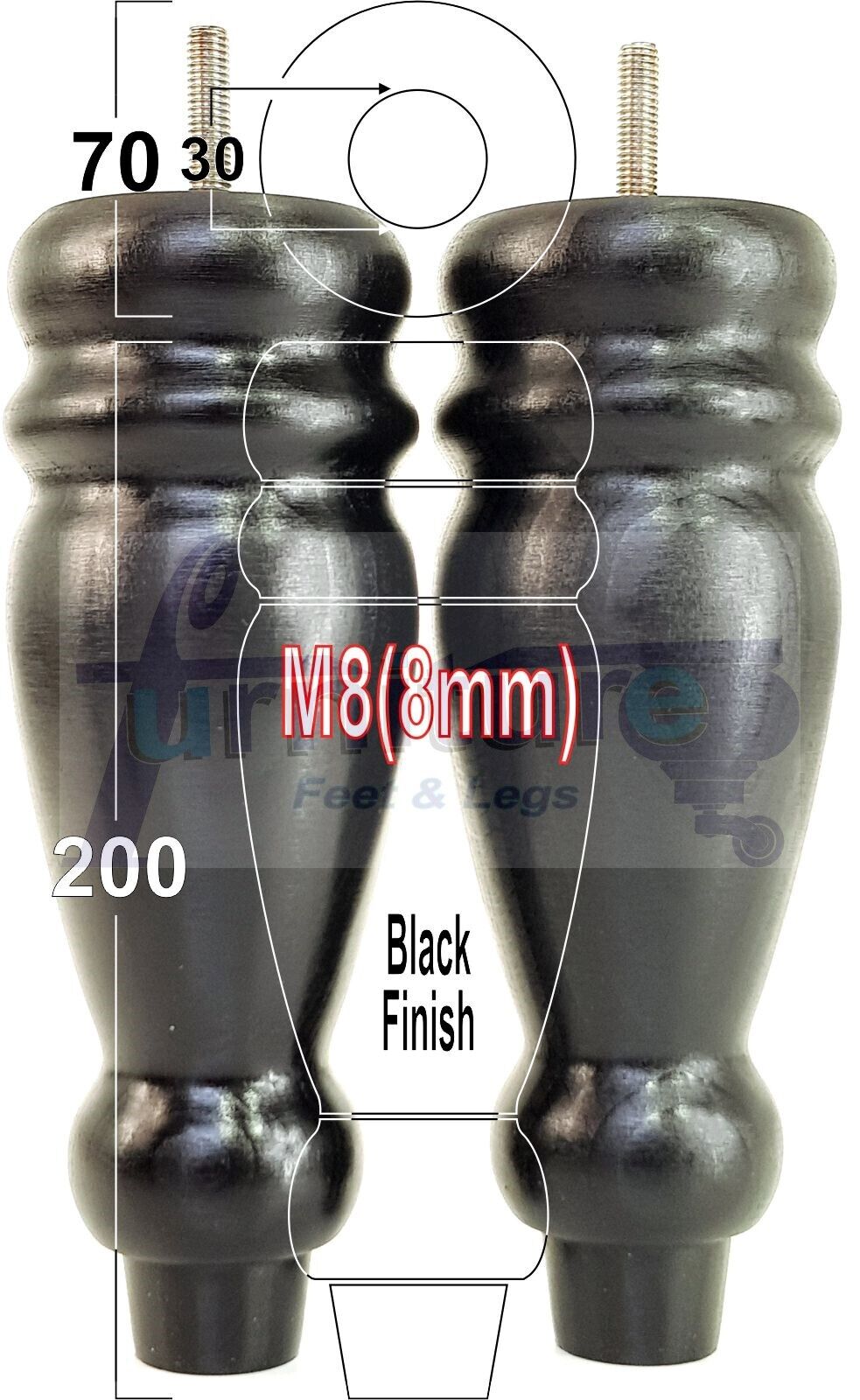 Set Of 4 Turned Furniture Legs Replacement Sofa Feet 200mm High M8 Thread