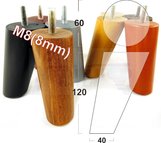 4 Solid Wood Turned Furniture Feet Replacement Mid Centry Angled Retro Legs 120mm High M8 Sofa Chairs Stools Cabinets Beds