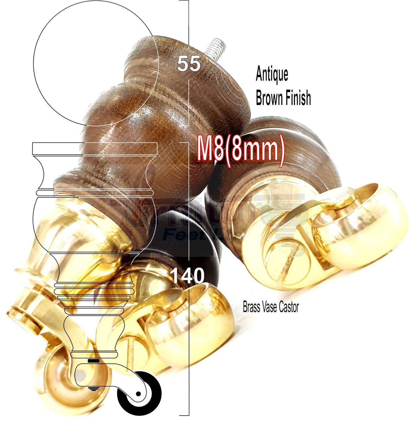 Set Of 4 Turned Wood Furniture Legs With 140mm High Castor 8mm Thread For Chairs Settees & Cabinets Antique Brown