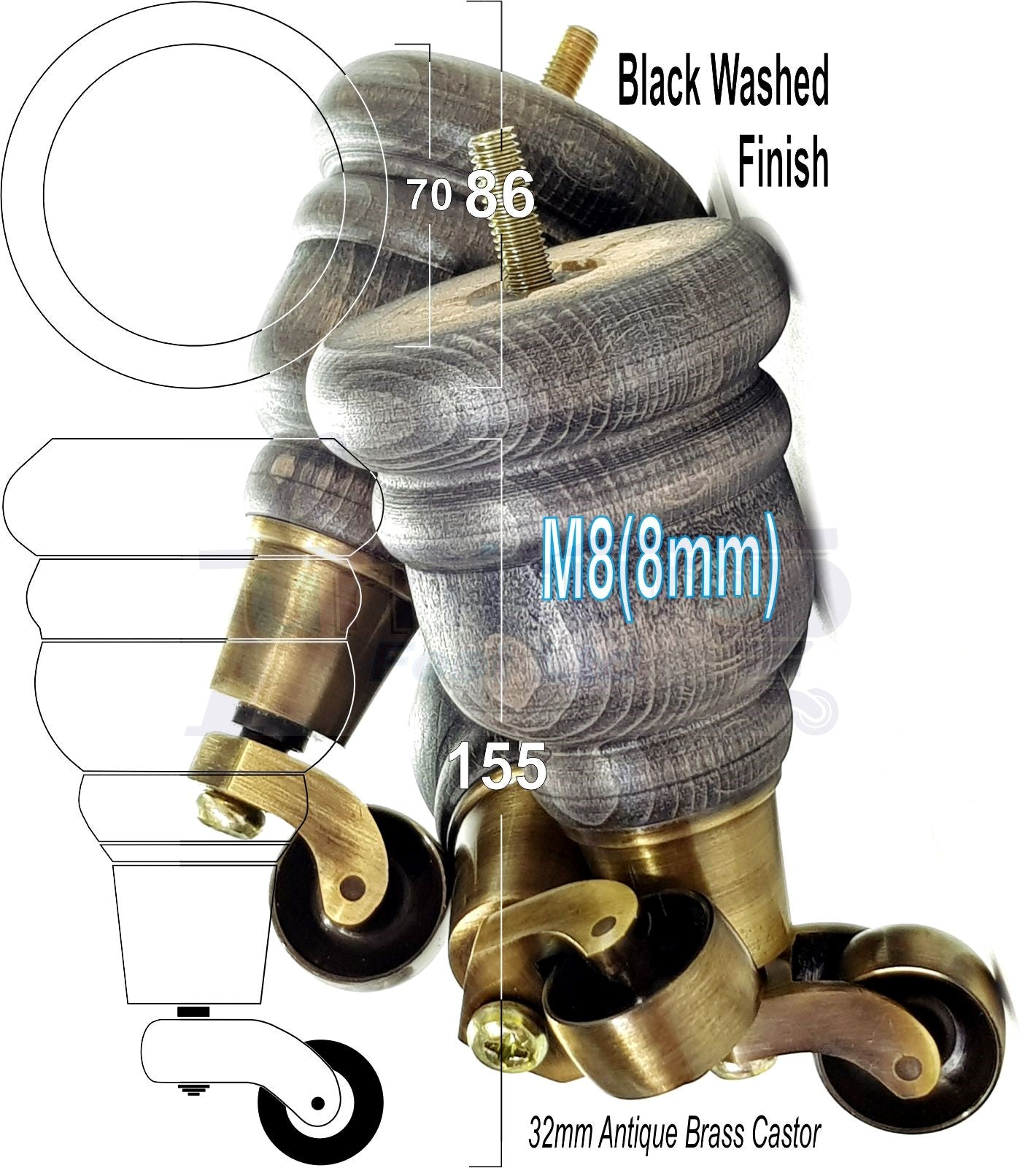 4 Turned Wood Furniture Feet With Antique Brass Castors 155mm Legs Sofas Chairs Stools Cabinets Beds M8 6 Inches