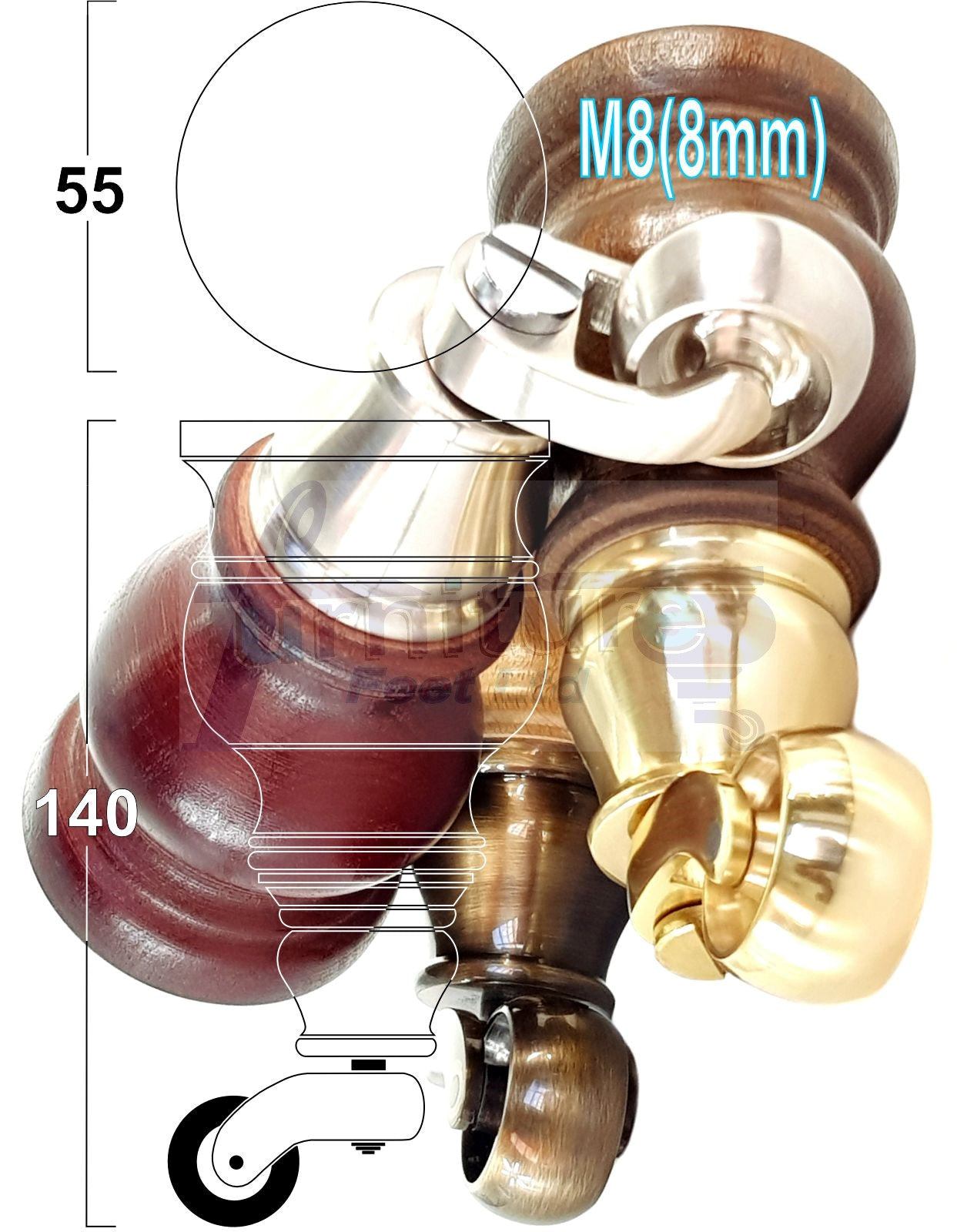 Set Of 4 Turned Wood Furniture Legs With Brushed Chrome Castor 140mm High M8(8mm) For Chairs Settees & Cabinets