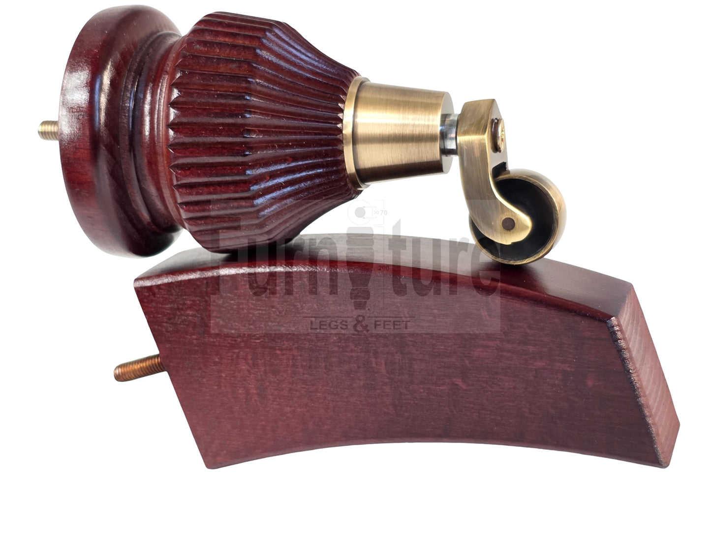 Solid Wood Furniture Replacement Legs 6 Inches with Castors and Back Feet 155mm High M8 Dowl Fixing - Mahogany Finish