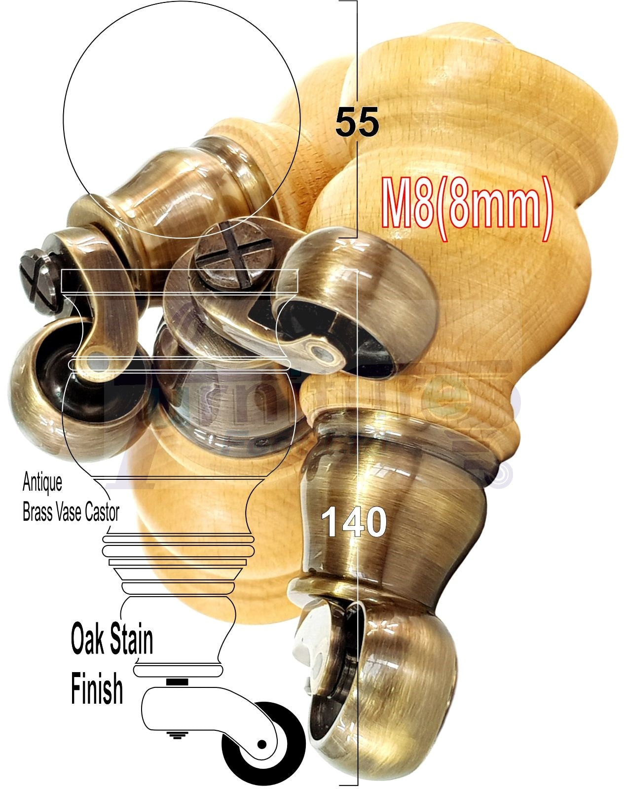 Set Of 4 Turned Wood Furniture Legs With 150mm High Castor 8mm Thread For Chairs Settees & Cabinets Oak Stain Finish