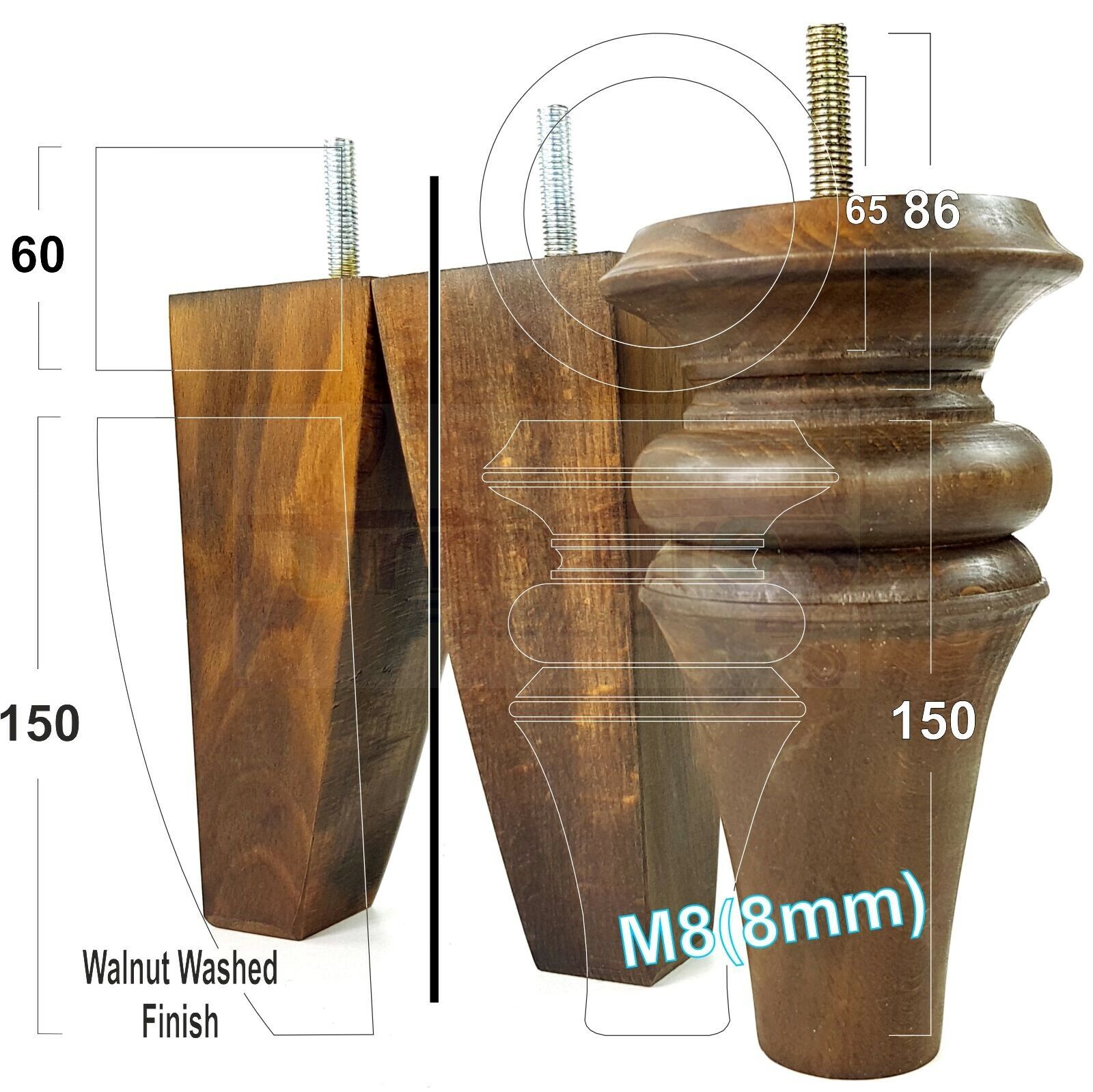 2x Turned & 2x Curved Back Wooden Feet Replacement Furniture Legs 150mm M8(8mm)