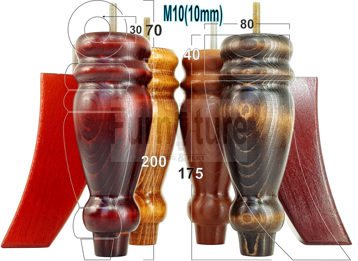 2x Furniture Legs Replacement Sofa Feet 200mm & 2x Curved Legs 175mm for Chairs Sofa Settee M10 Thread