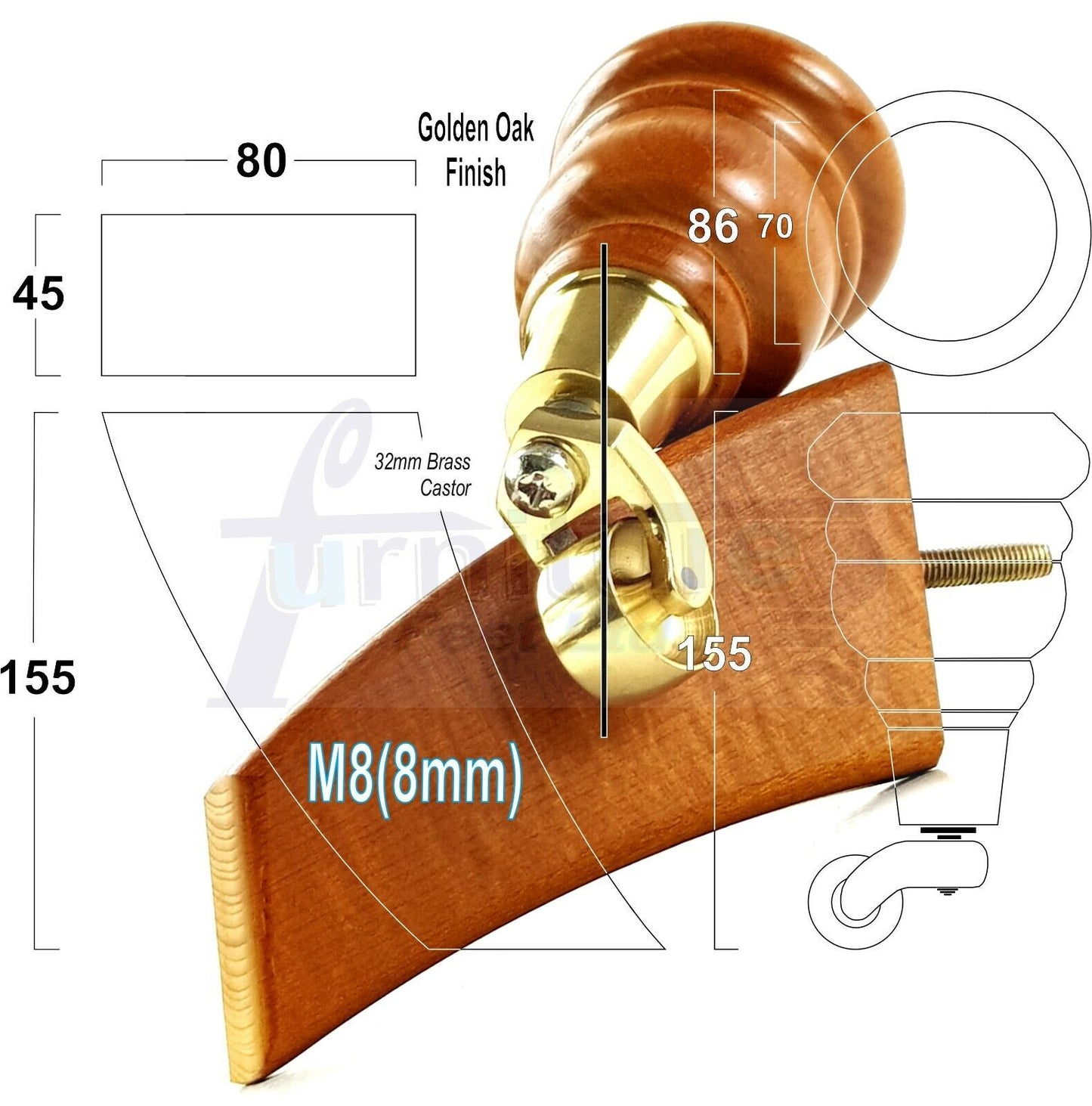 Turned Wood Furniture Feet Golden Oak 2 With Castors 155mm and 2 Curved Back Legs Sofas Chairs Stools Cabinets Beds M8 6 Inches