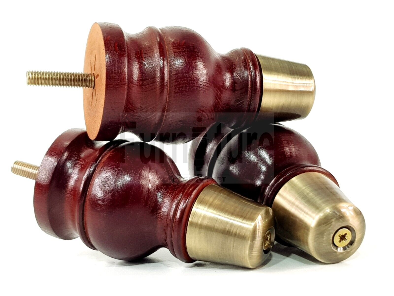 4x Turned Wooden Furniture Leg Brass Slipper Cup Sofa, Chair Feet 110mm High M8