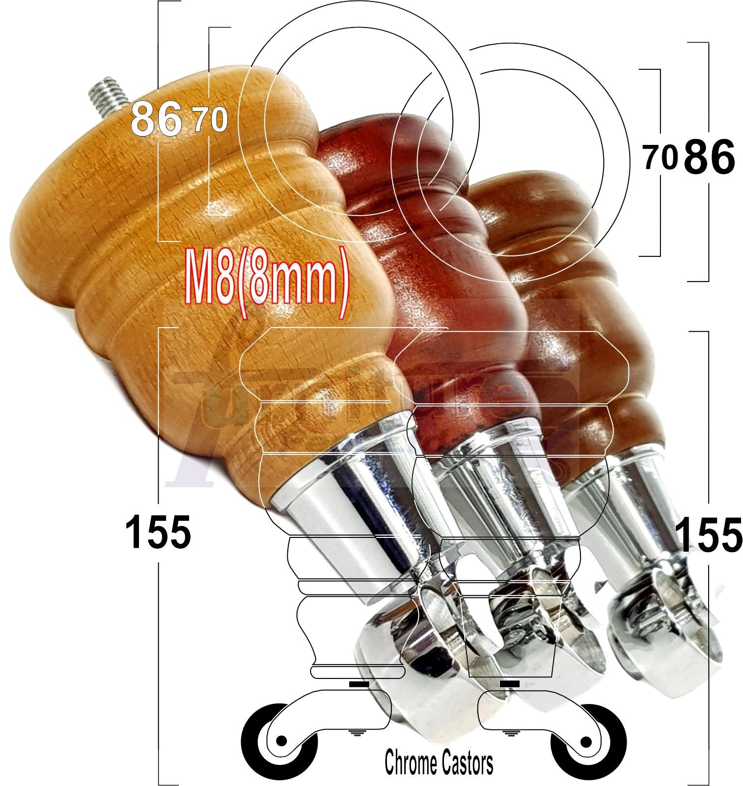 4 Turned Wood Furniture Feet With Chrome Castors 155mm Legs Sofas Chairs Stools Cabinets Beds M8 6 Inches