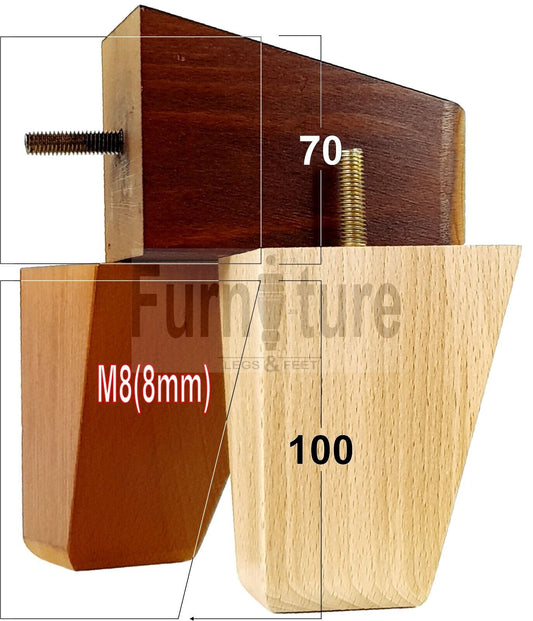4x Angled Block Wood Sofa Legs 100mm High Replacement Furniture Feet Chairs Cabinets M8(8mm)