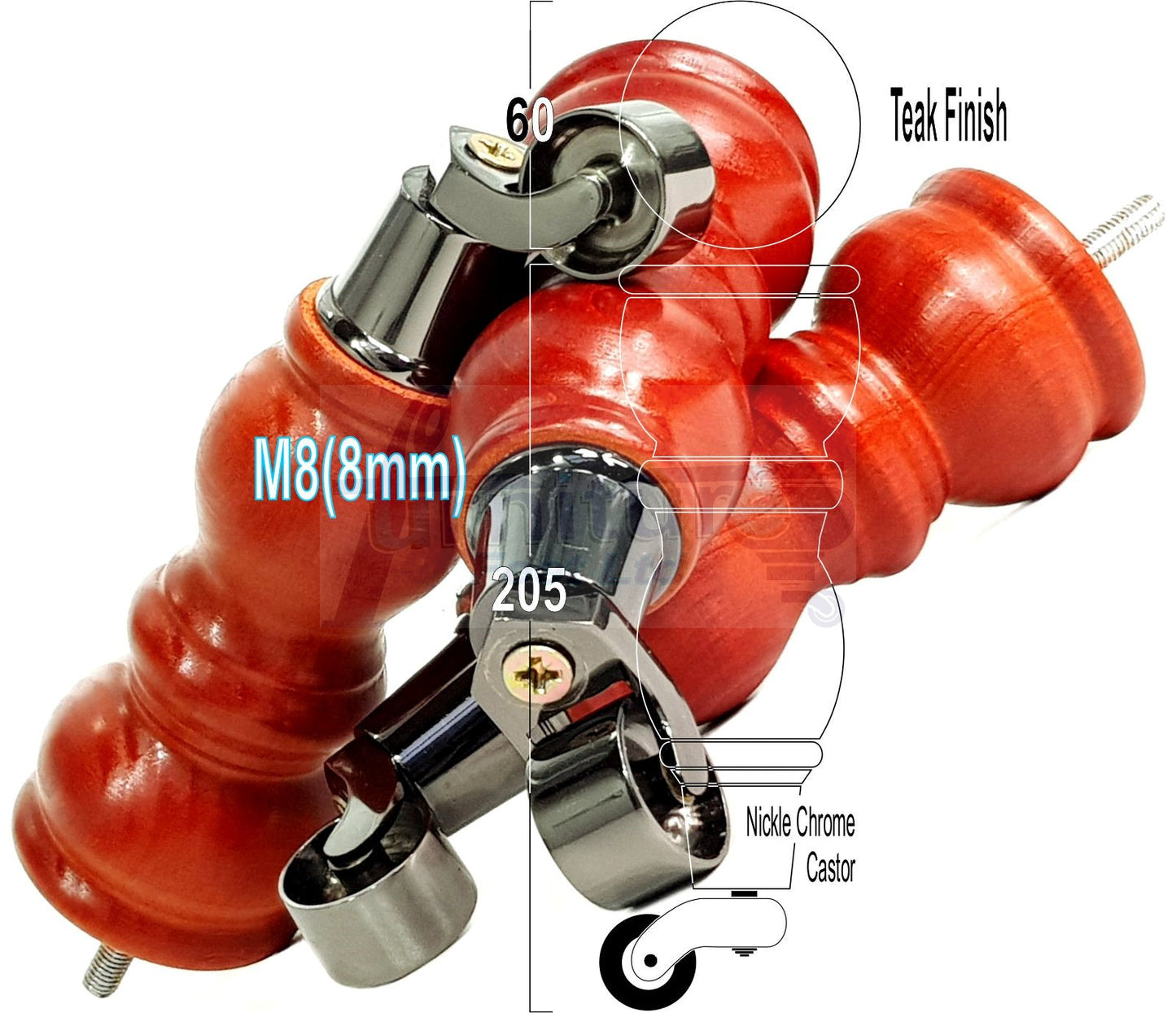 Solid Wood Furniture Feet With Castors Set of 4 Legs 205mm High For Sofas Chairs Stools Cabinets & Beds M8