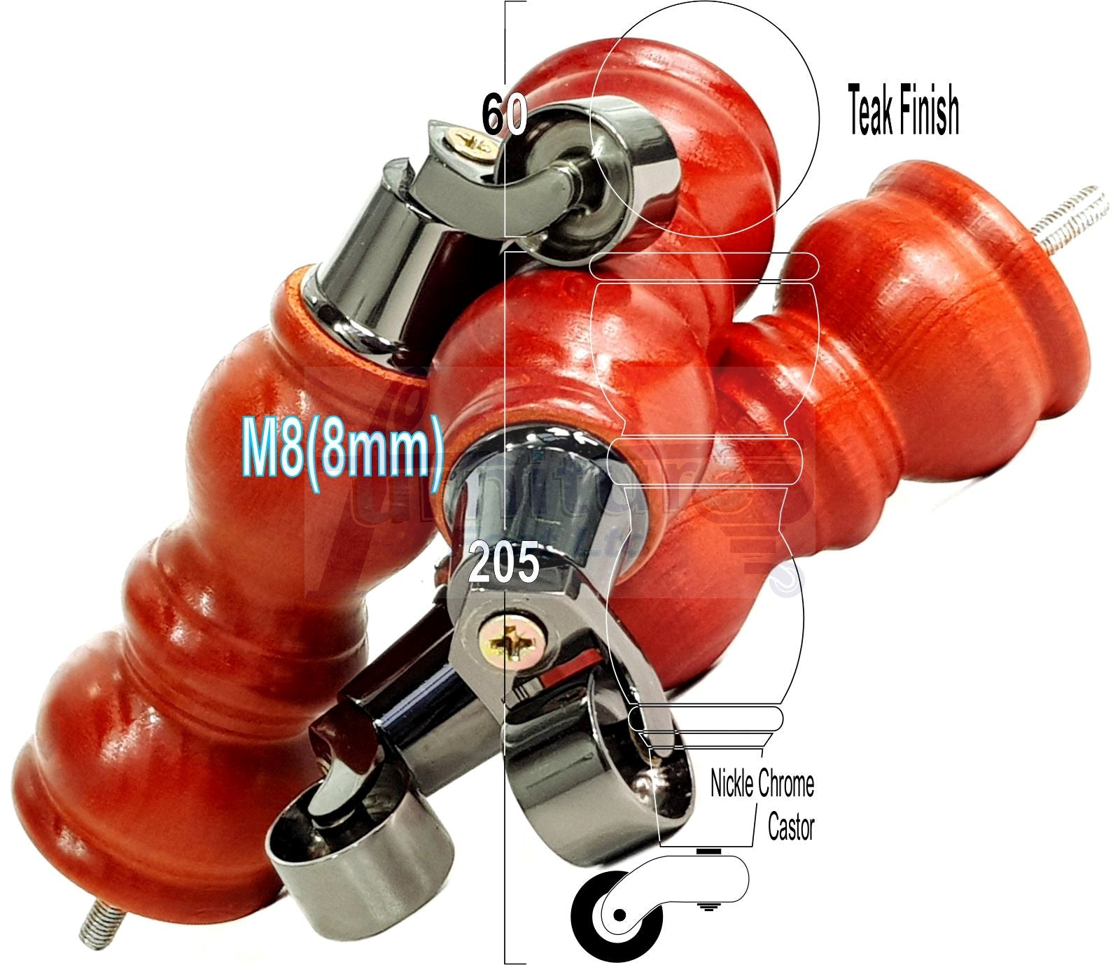 Solid Wood Furniture Feet With Castors Set of 4 Legs 205mm High For Sofas Chairs Stools Cabinets & Beds M8