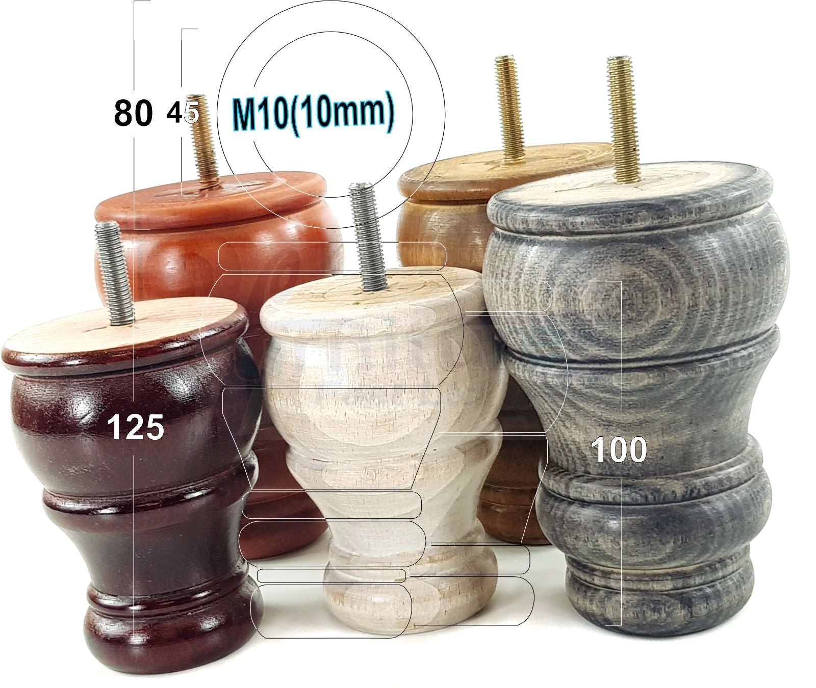 4 Turned Wood Furniture Legs Replacement Sofa Settee Chair Bed Feet 100mm High M10 Thread
