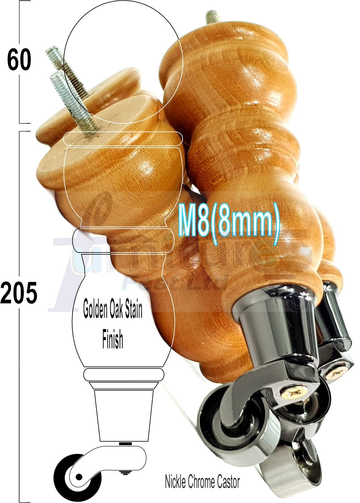 Solid Wood Furniture Feet With Castors Set of 4 Legs 205mm High For Sofas Chairs Stools Cabinets & Beds M8