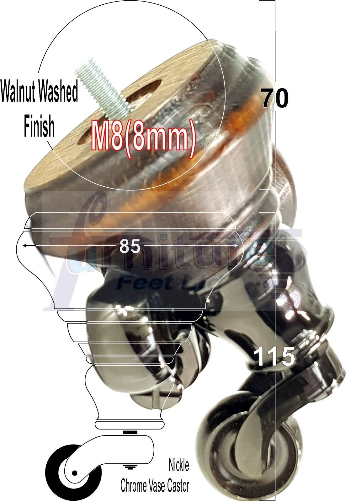 4x Dark Walnut Washed Wooden Furniture Sofa Legs M8 With Castors Replacement Chair Settee Feet 115mm - 125mm High