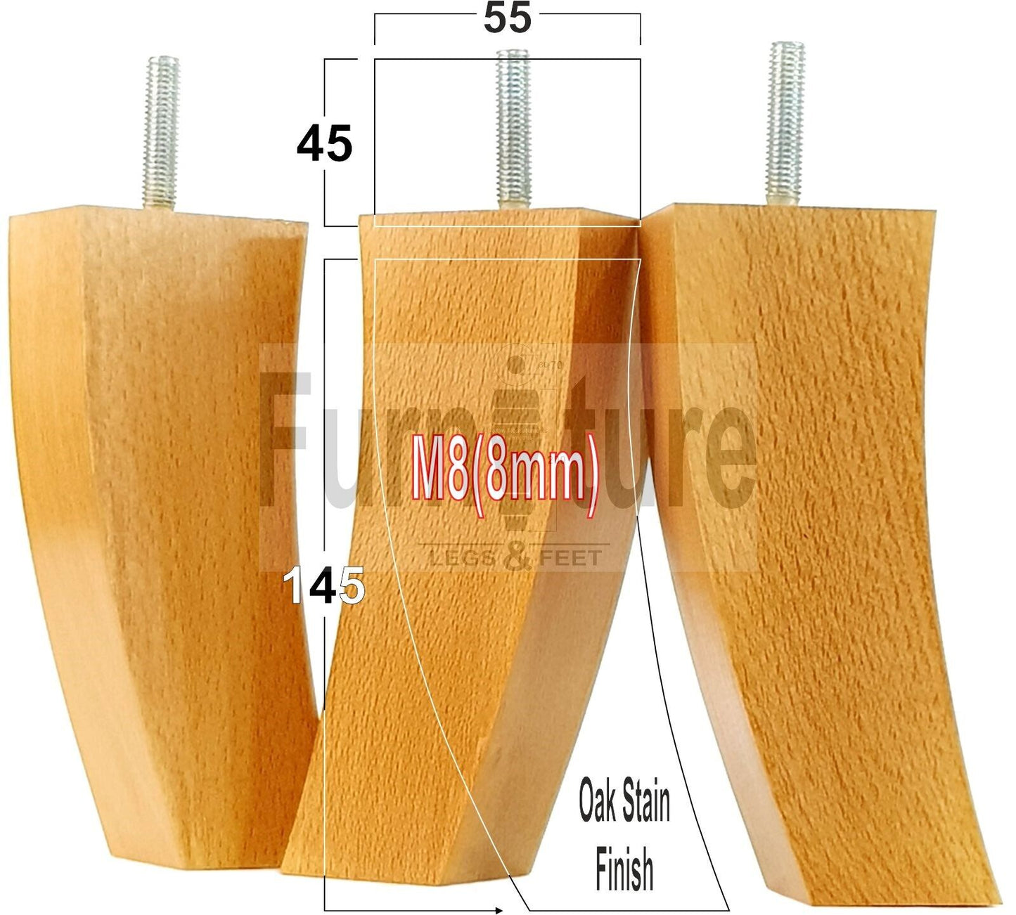 Set Of 4 Solid Wood Curved Furniture Feet Replacement Legs 145mm High M8(8mm)