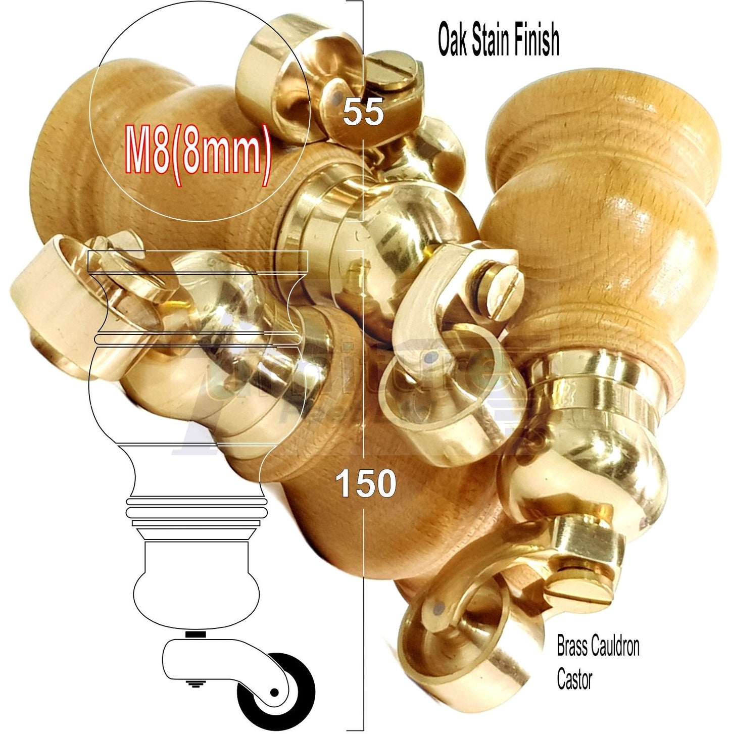 Set Of 4 Turned Wood Furniture Legs With 150mm High Castor 8mm Thread For Chairs Settees & Cabinets Oak Stain Finish