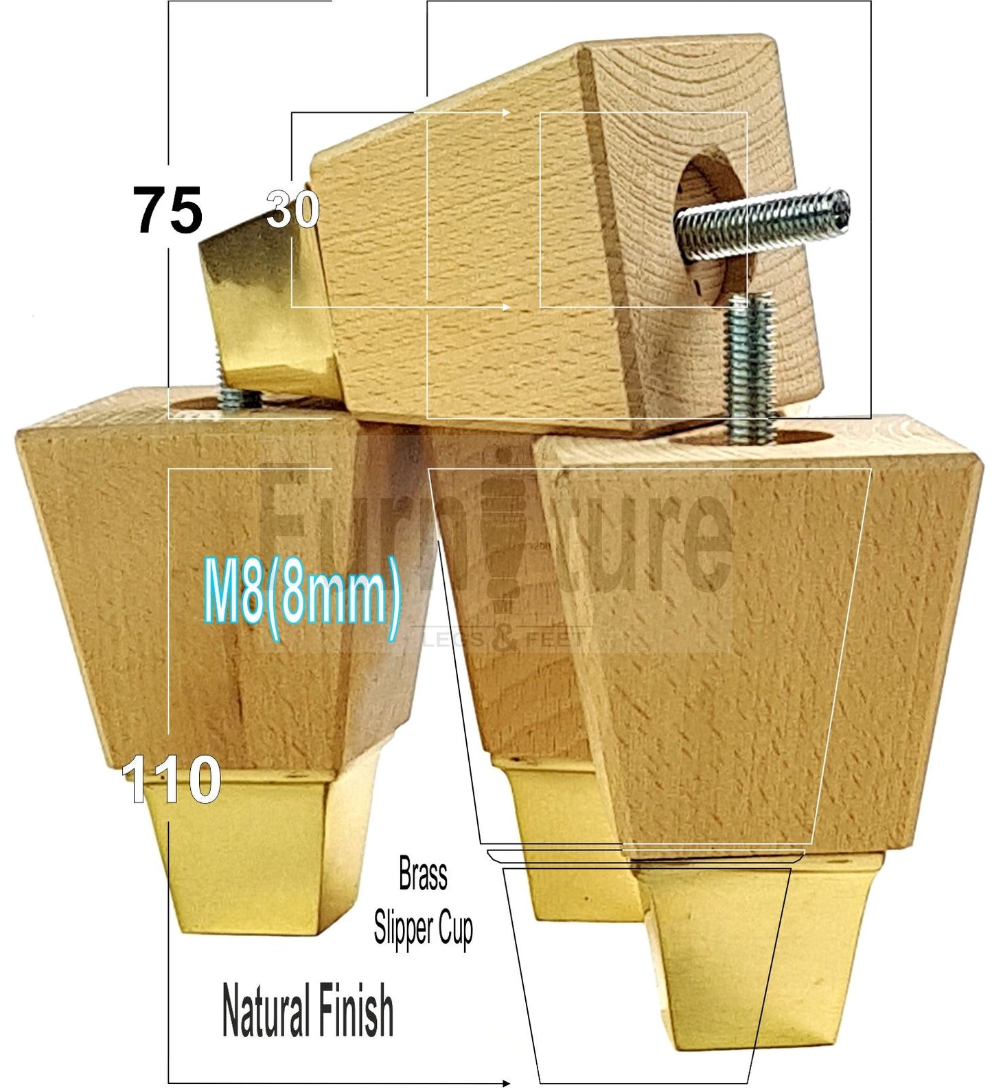 4x Block Wood With A Brass Slipper Cup Furniture Chair Settee Legs M8 Sofa Feet 110mm