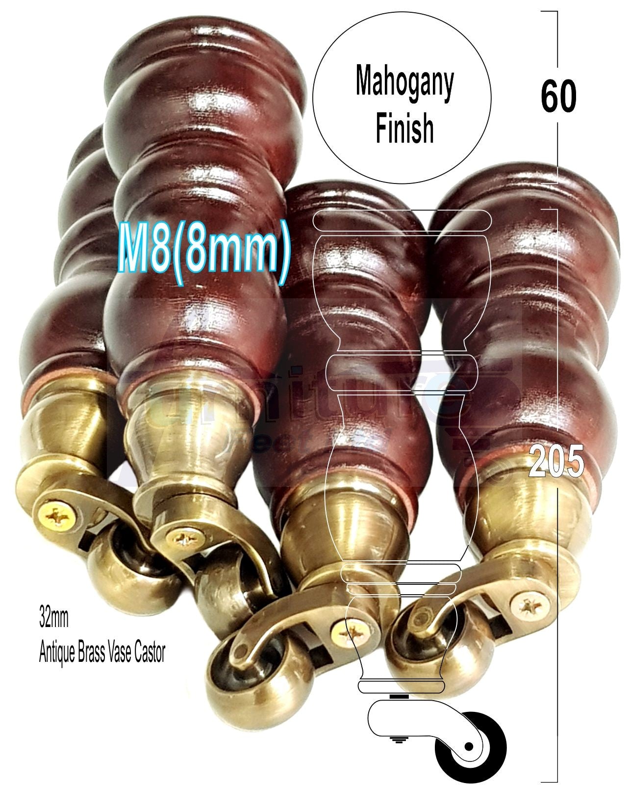 4 Turned Wood Furniture Feet With Antique Vase Castor 205mm High Legs Mahogany Finish M8 Sofas Chairs Stools Cabinets 8 Inches Tall 