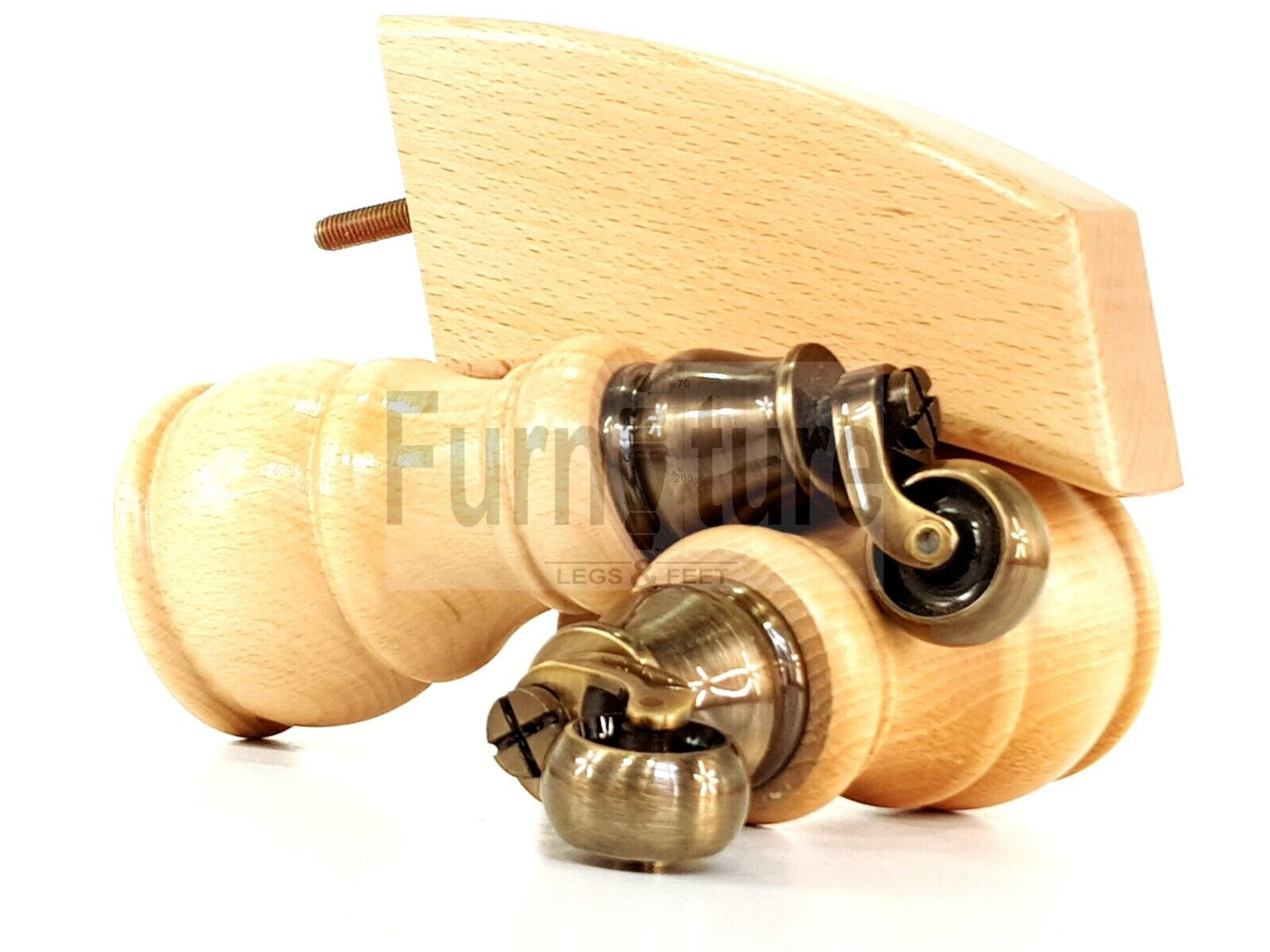 2 Wooden Castor Furniture Sofa Legs & 2 Curved Back Feet  Natural M8 Chair Settee Feet 160mm High