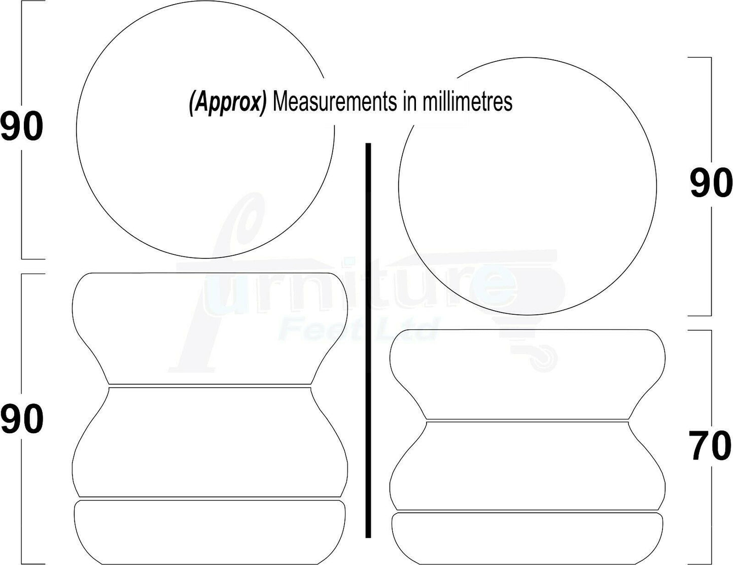 4x Turned Solid Wood Furniture Legs Replacement Bun Feet 70mm High 8mm Thread