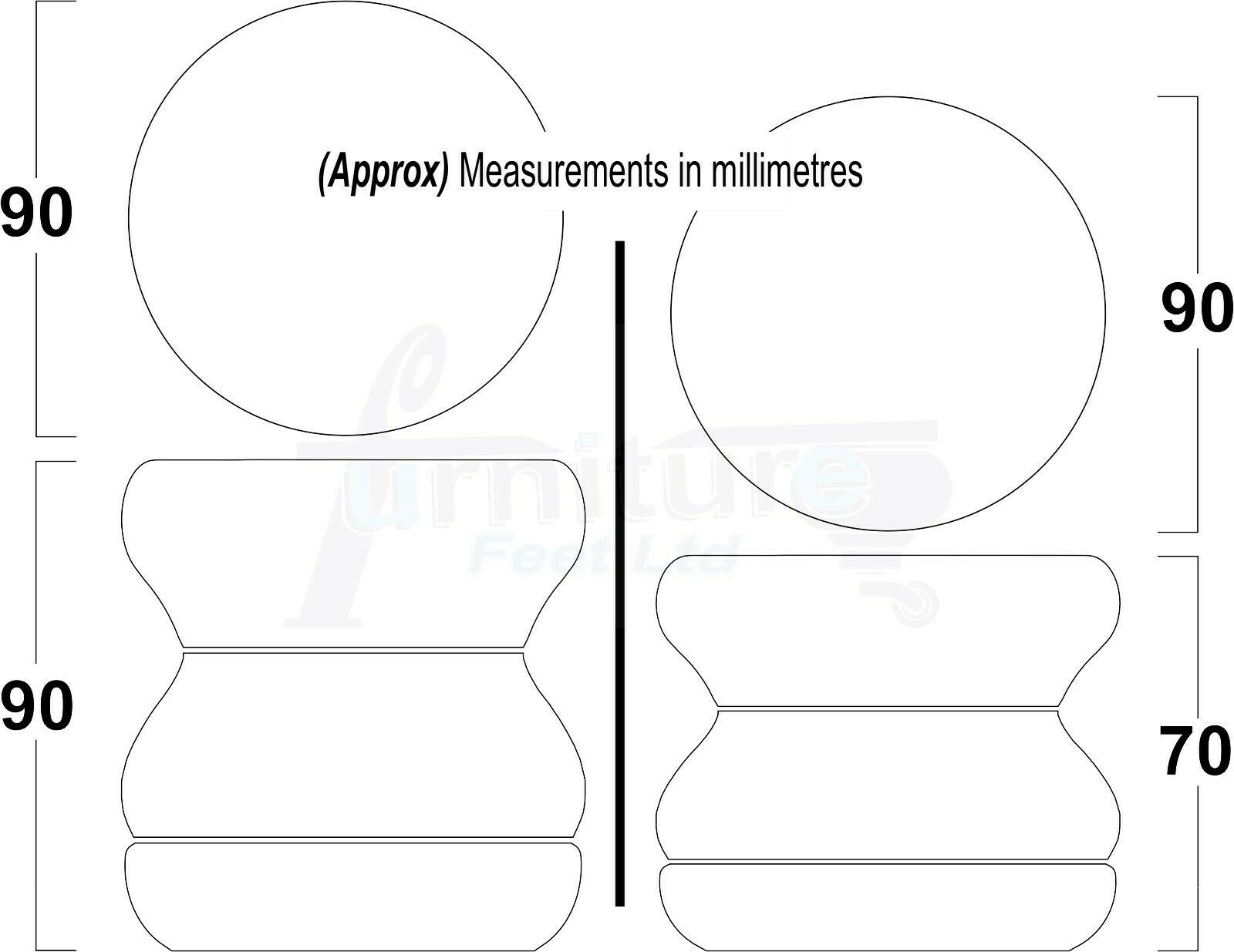 4x Turned Solid Wood Furniture Legs Replacement Bun Feet 70mm High 8mm Thread