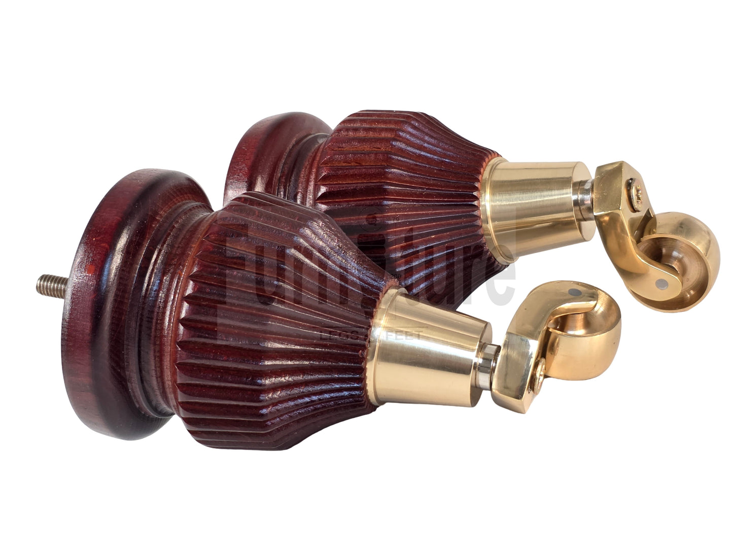 Wood Furniture Legs Replacement Feet 6 Inches with Brass Castors 155mm High M8 Dowl Fixing - Mahogany Finish