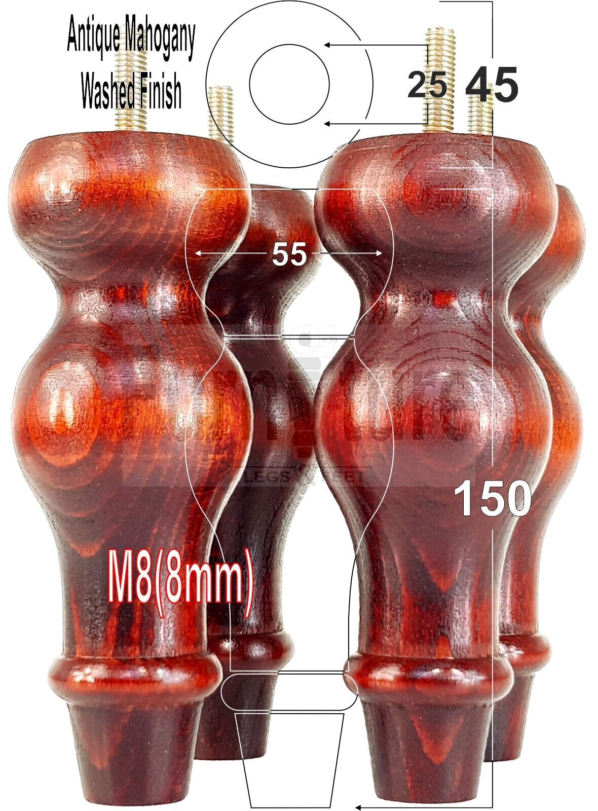 Set Of 4 Solid Wood Turned Furniture Feet Replacement Legs 150mm High 8mm Thread