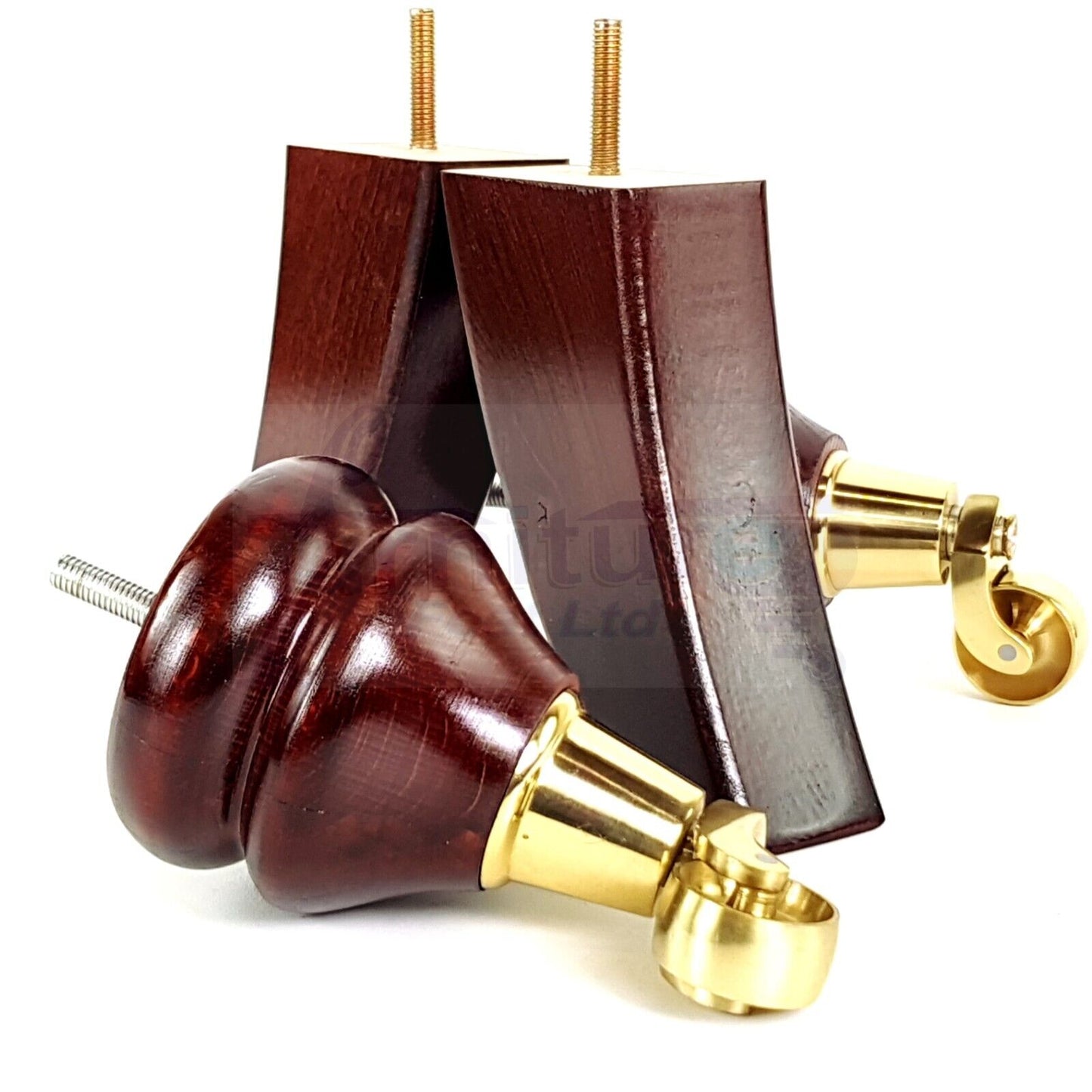 Turned Wood Furniture Feet 2 With Castors 140mm & 2 Curved Back Legs Sofas Chairs Stools Cabinets Beds M10(10mm)