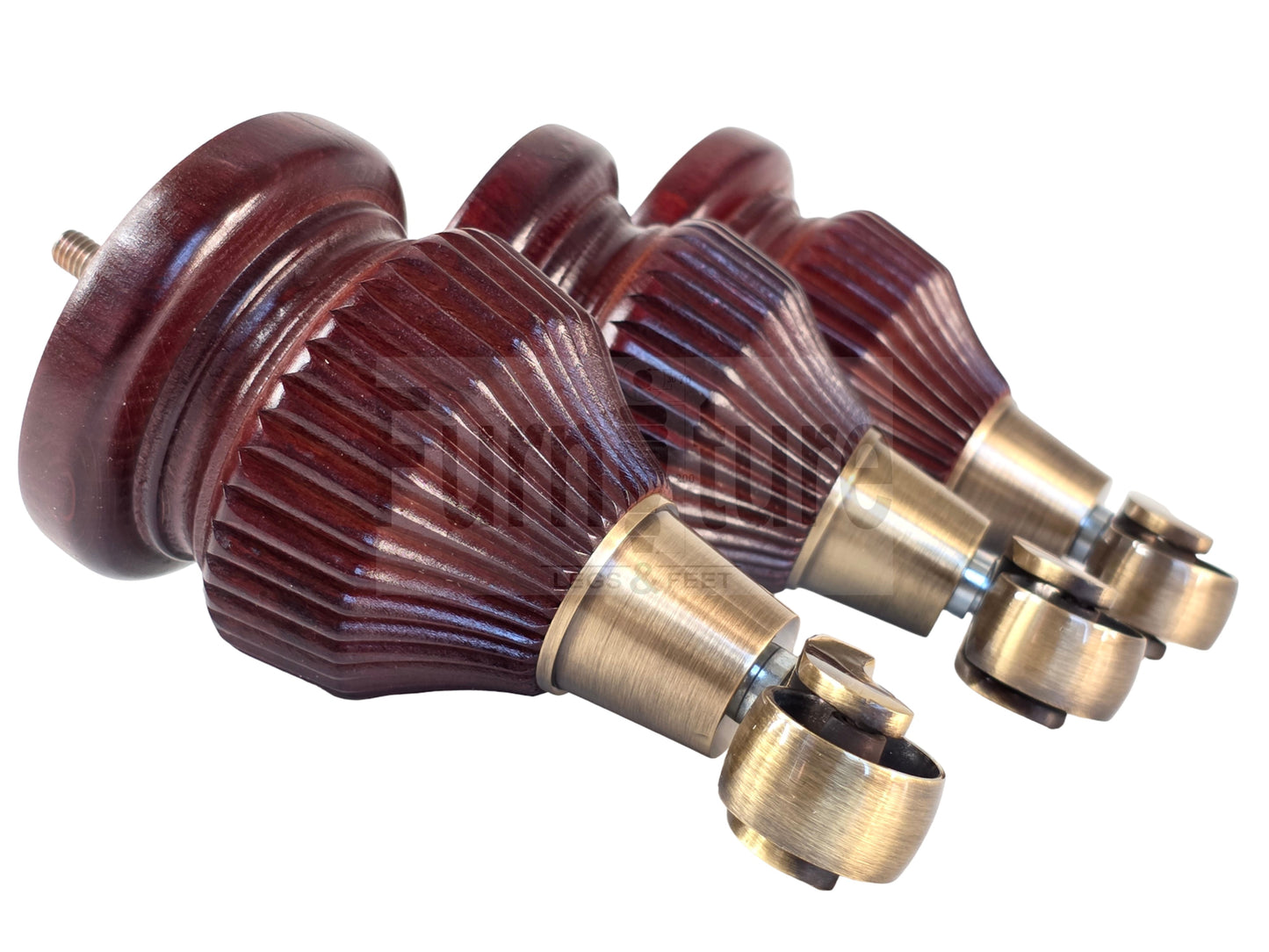 Wood Furniture Legs Replacement Feet 6 Inches with Antique Brass Castors 155mm High M8 Dowl Fixing - Mahogany Finish