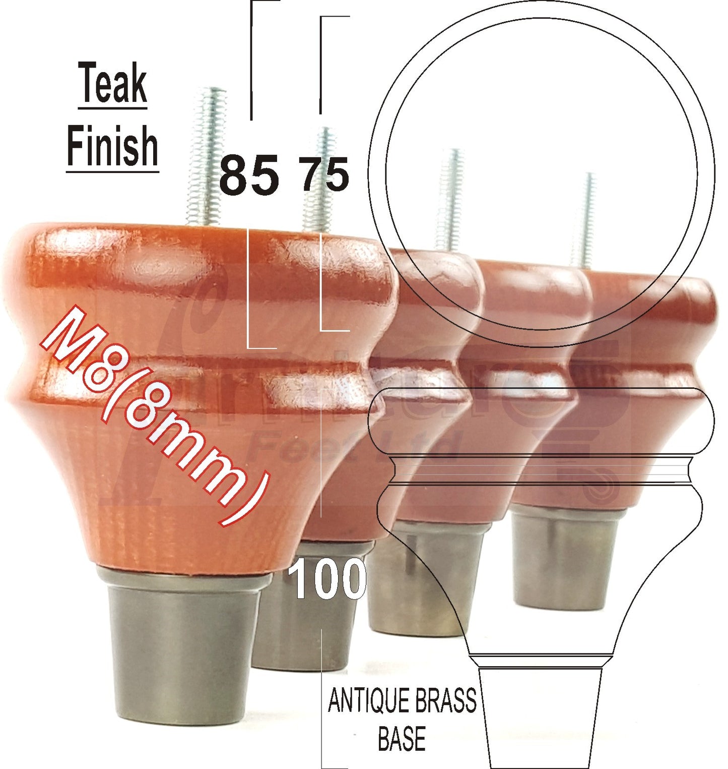 4x Turned Wood Furniture Feet M8(8mm) With Slipper Cup Chair Sofa Settee Legs 110mm