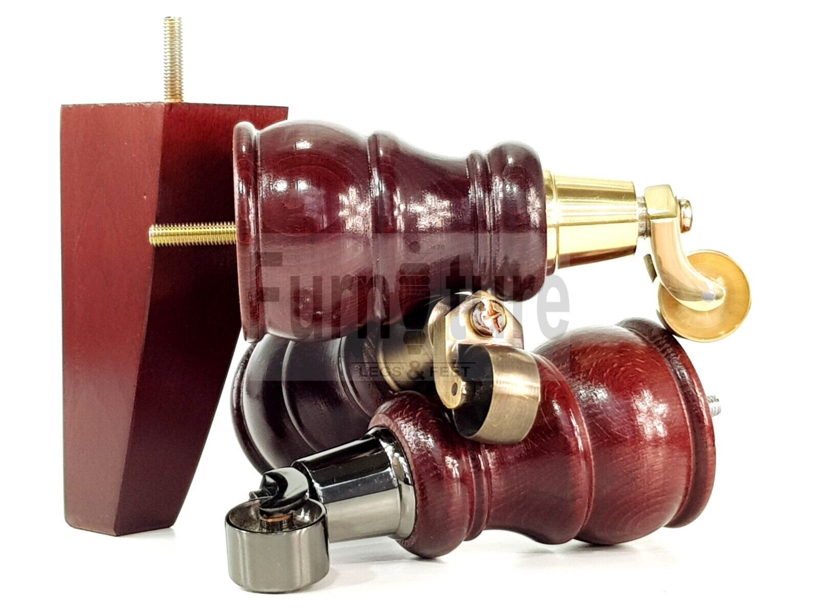 2 Wooden Castor Furniture Sofa Legs & 2 Curved Back Feet  Mahogany M8 Chair Settee Feet 160mm High