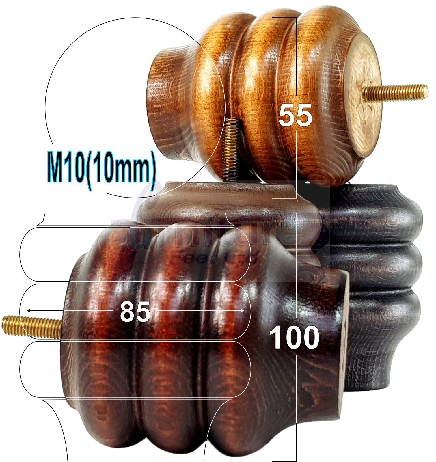 4 Solid Wood Turned Furniture Legs Replacement Bun Feet 100mm High 10mm Thread