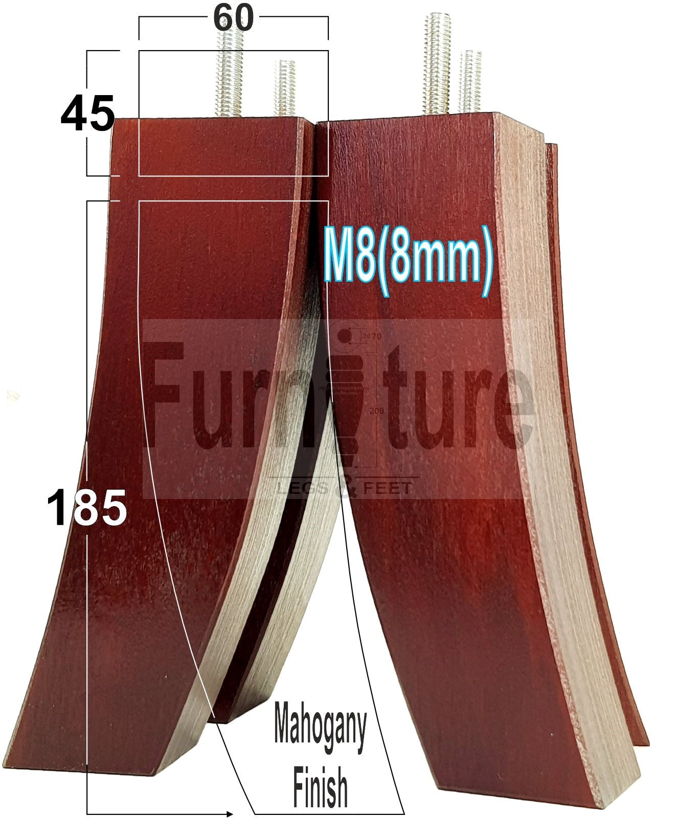 Set Of 4 Solid Wood Curved Furniture Feet Replacement Legs 185mm High M8(8mm)