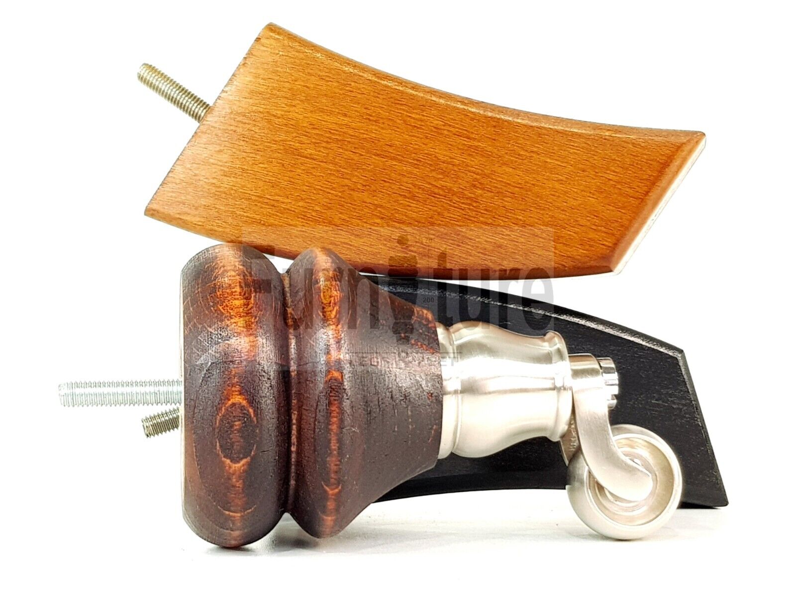 Turned Wood Furniture Feet 2 With Brushed Chrome Castors 140mm & 2 Curved Back Legs Sofas Chairs Stools Cabinets Beds M8