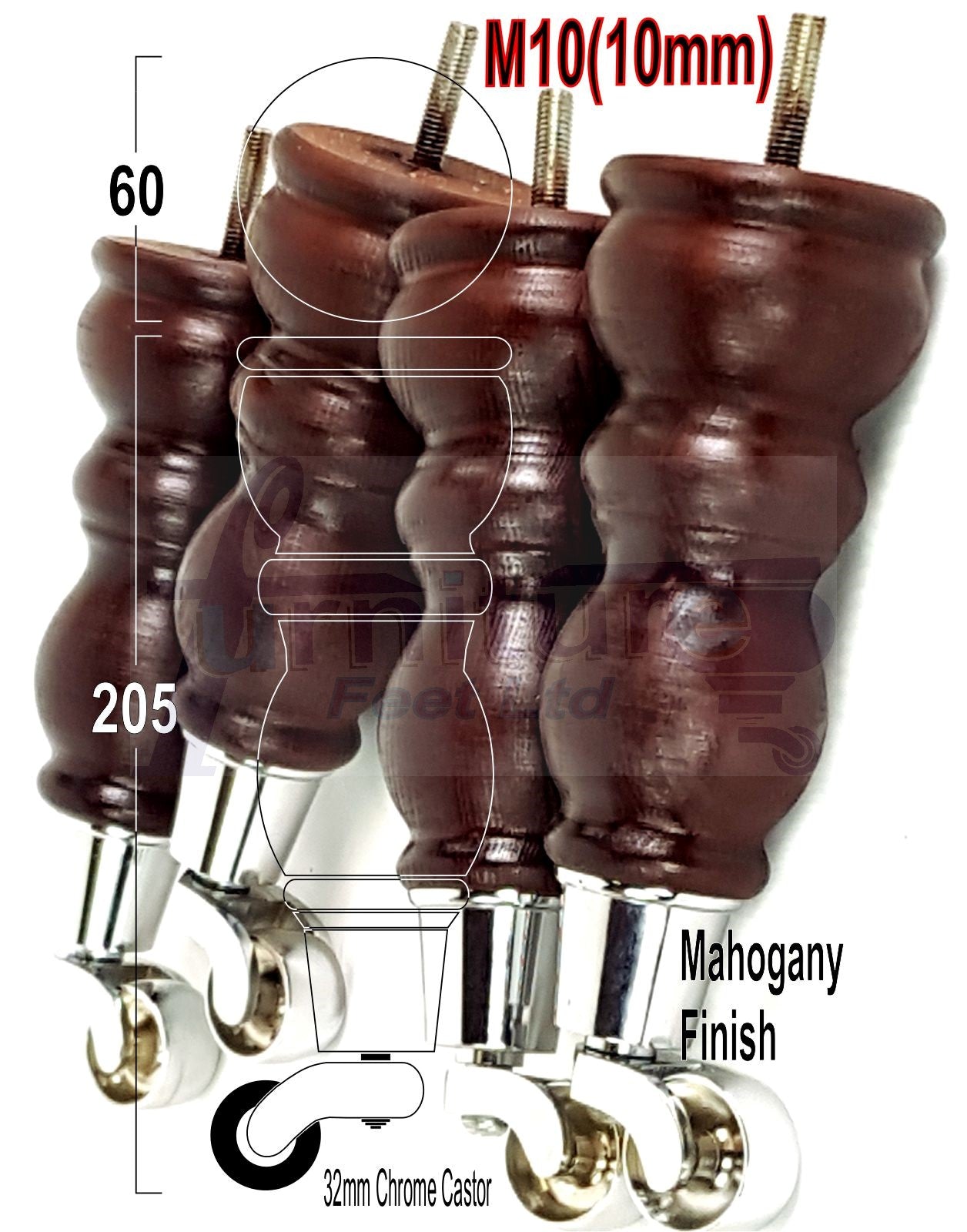 Solid Wood Furniture Feet With Castors Set of 4 Legs 205mm High For Sofas Chairs & Beds M10 Thread