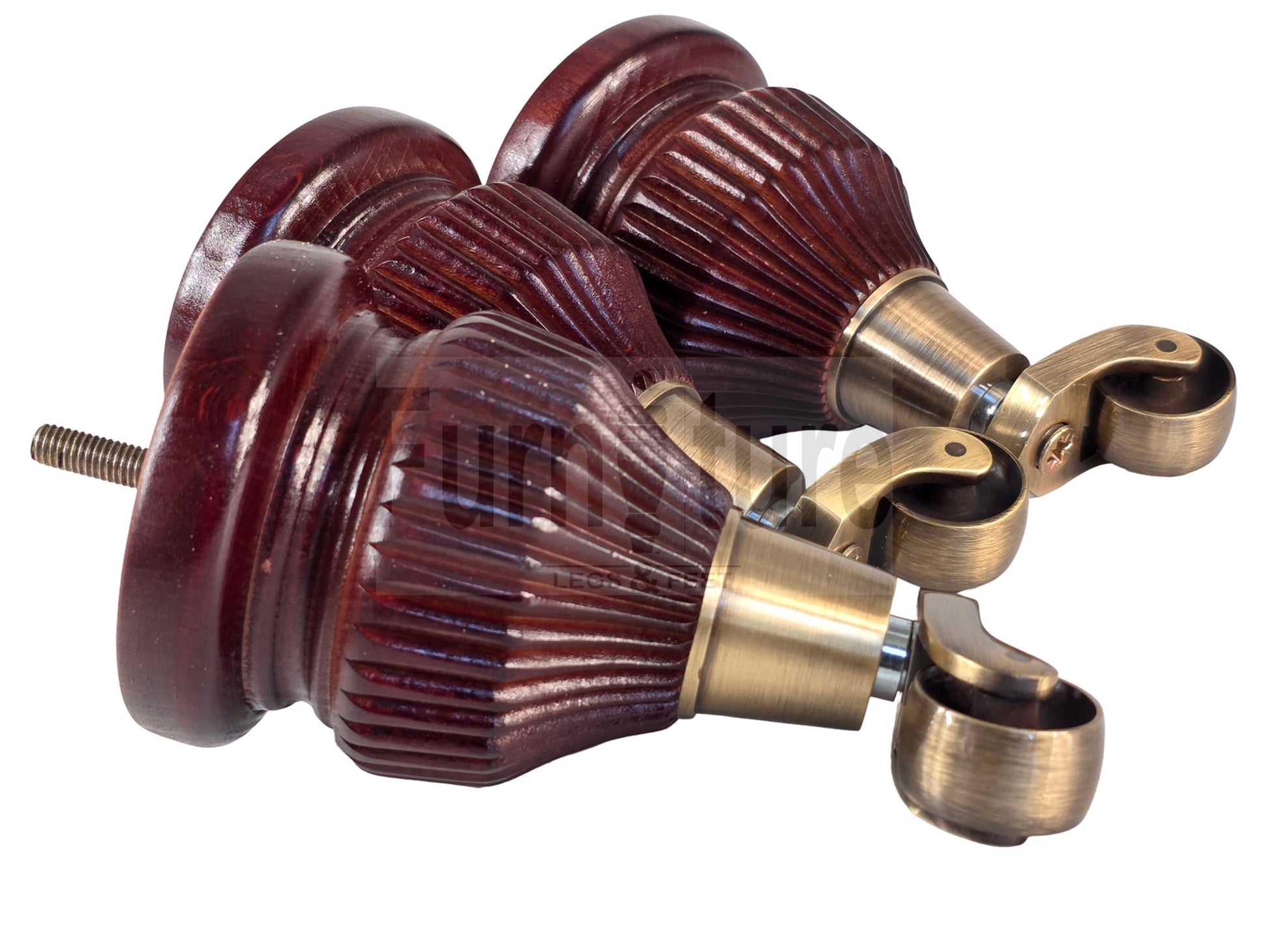 Wood Furniture Legs Replacement Feet 6 Inches with Antique Brass Castors 155mm High M8 Dowl Fixing - Mahogany Finish