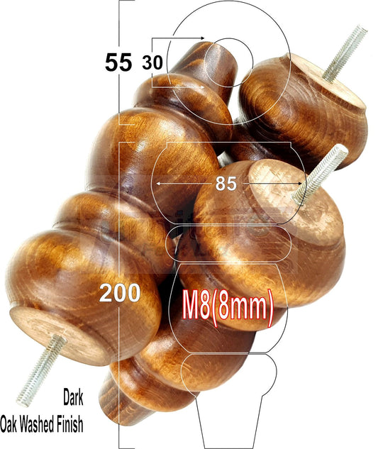 4 Solid Wood Furniture Legs Replacement Turned Feet 200mm High M8(8mm) Thread: Dark Oak Washed