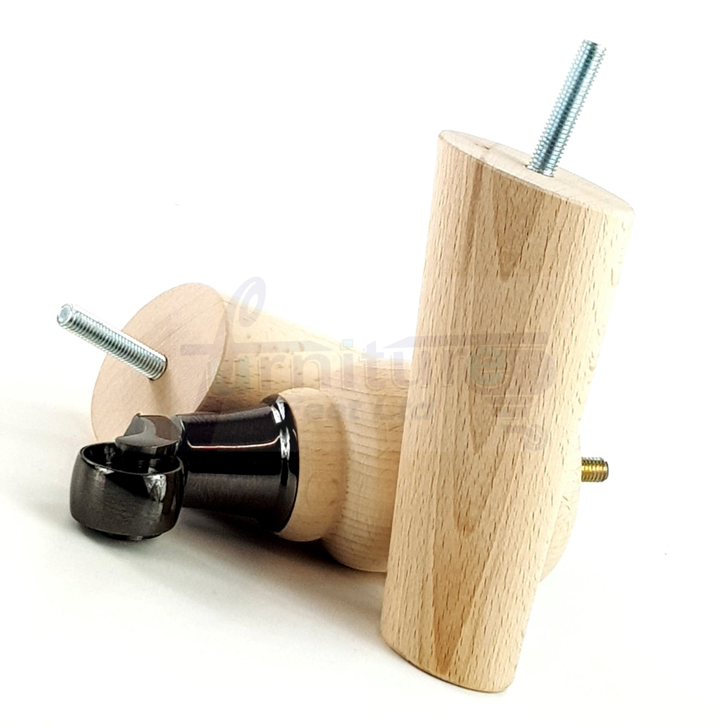 Raw Turned Wood Replacement Furniture Legs 2x with Black Castors and 2x Angled Back Legs M8 Dowl Fitting 155mm High 6 Inches