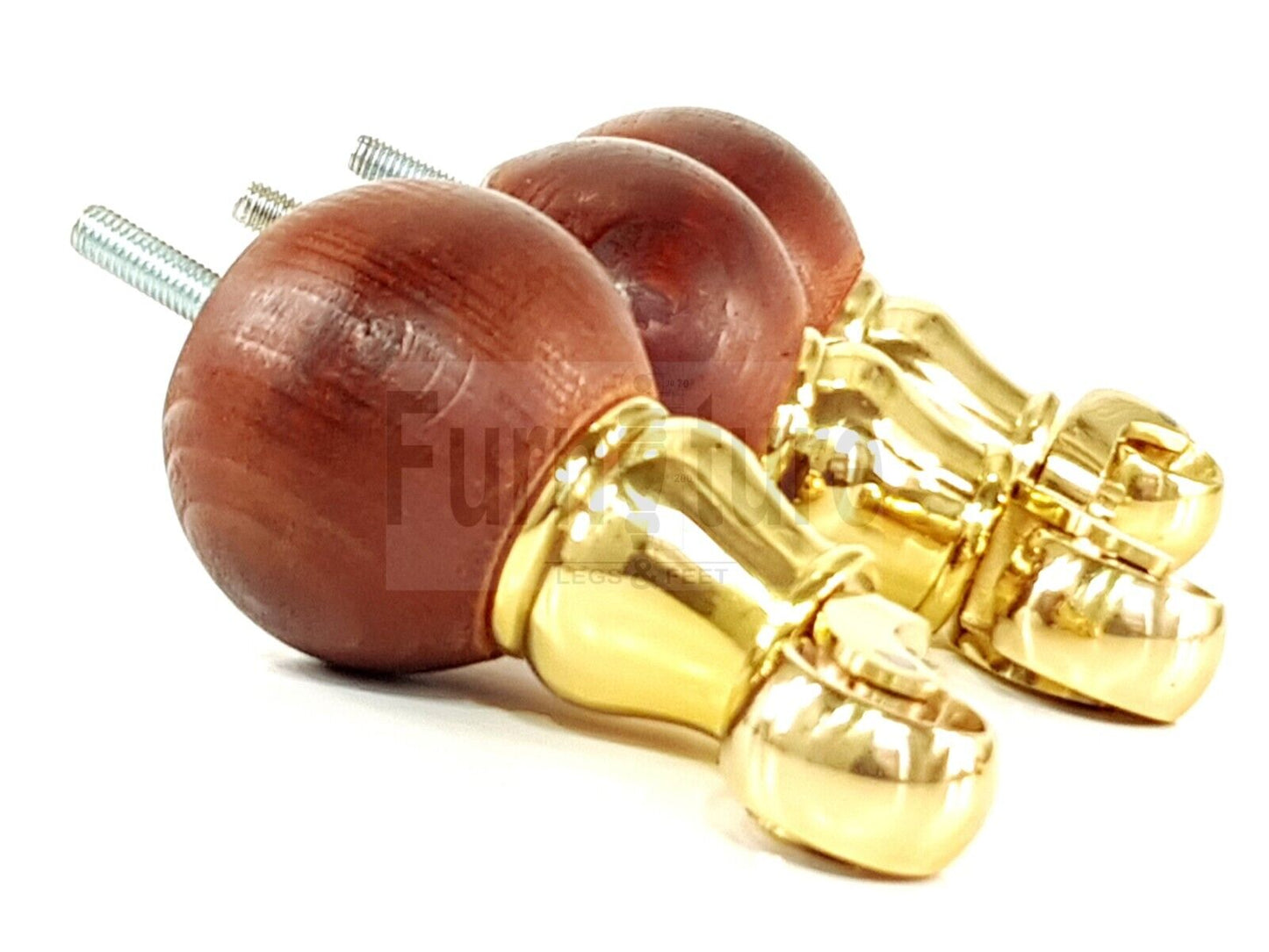 4x Turned Wood with Brass Castor Furniture Chair Settee Legs M8 Sofa Feet 118mm