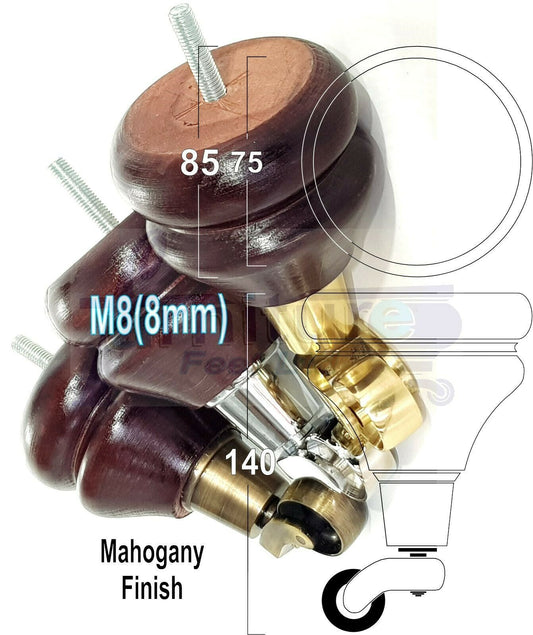 Set Of 2 Turned Furniture Wood Feet With Castors 140mm Sofas Chairs Settee Cabinets Beds M8(8mm)