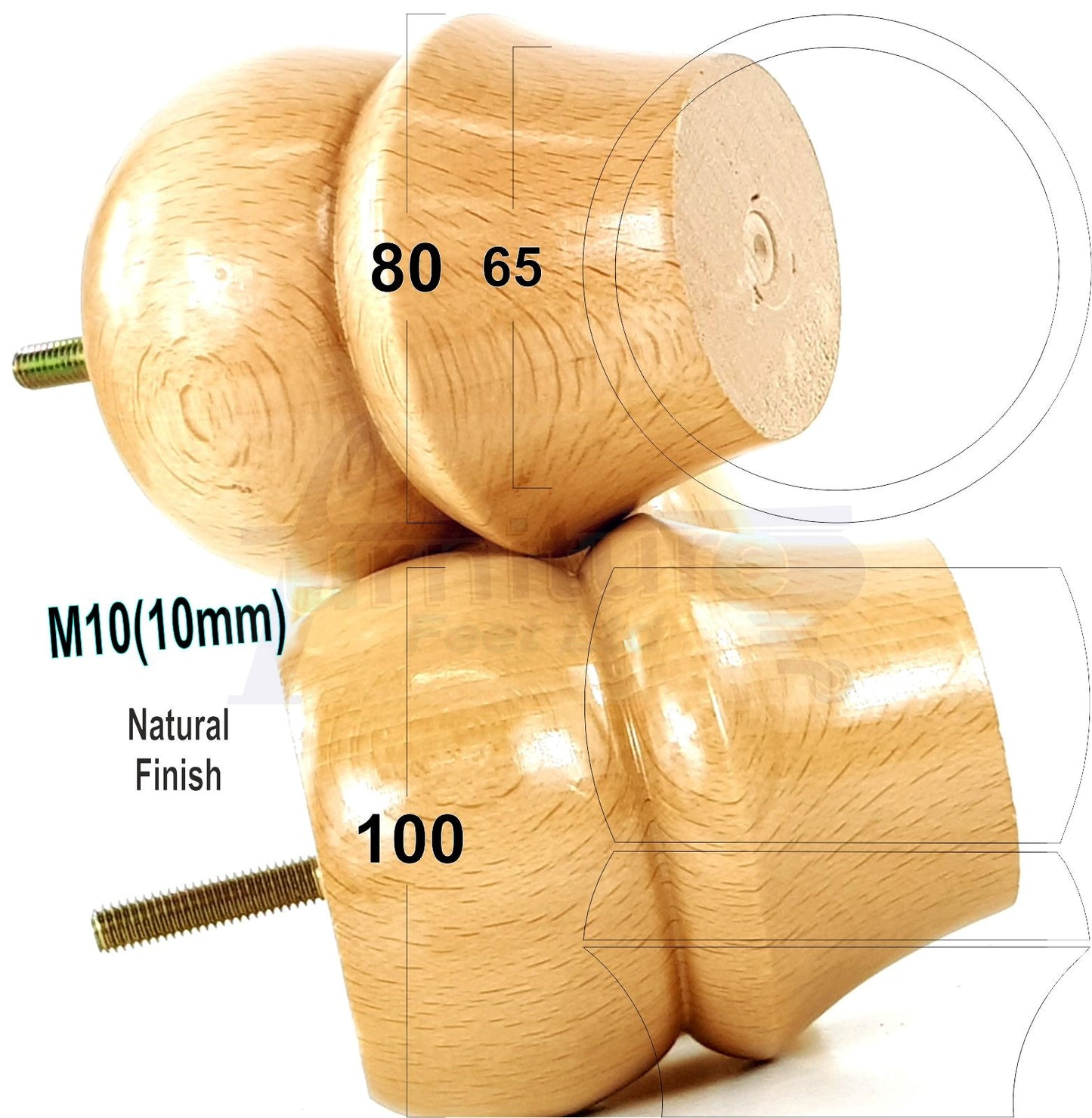 Set Of 4 Solid Wood Turned Furniture Legs Replacement Bun Feet 100mm High 10mm Thread